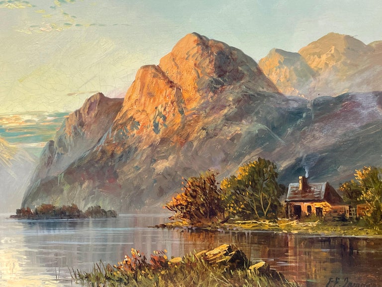 Antique Scottish Highland Loch Scene at Sunset with Cottage Golden Mountains For Sale 1
