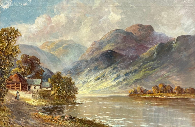 Antique Scottish Highlands Oil Painting Figure Walking to Cottage beside Loch For Sale 1