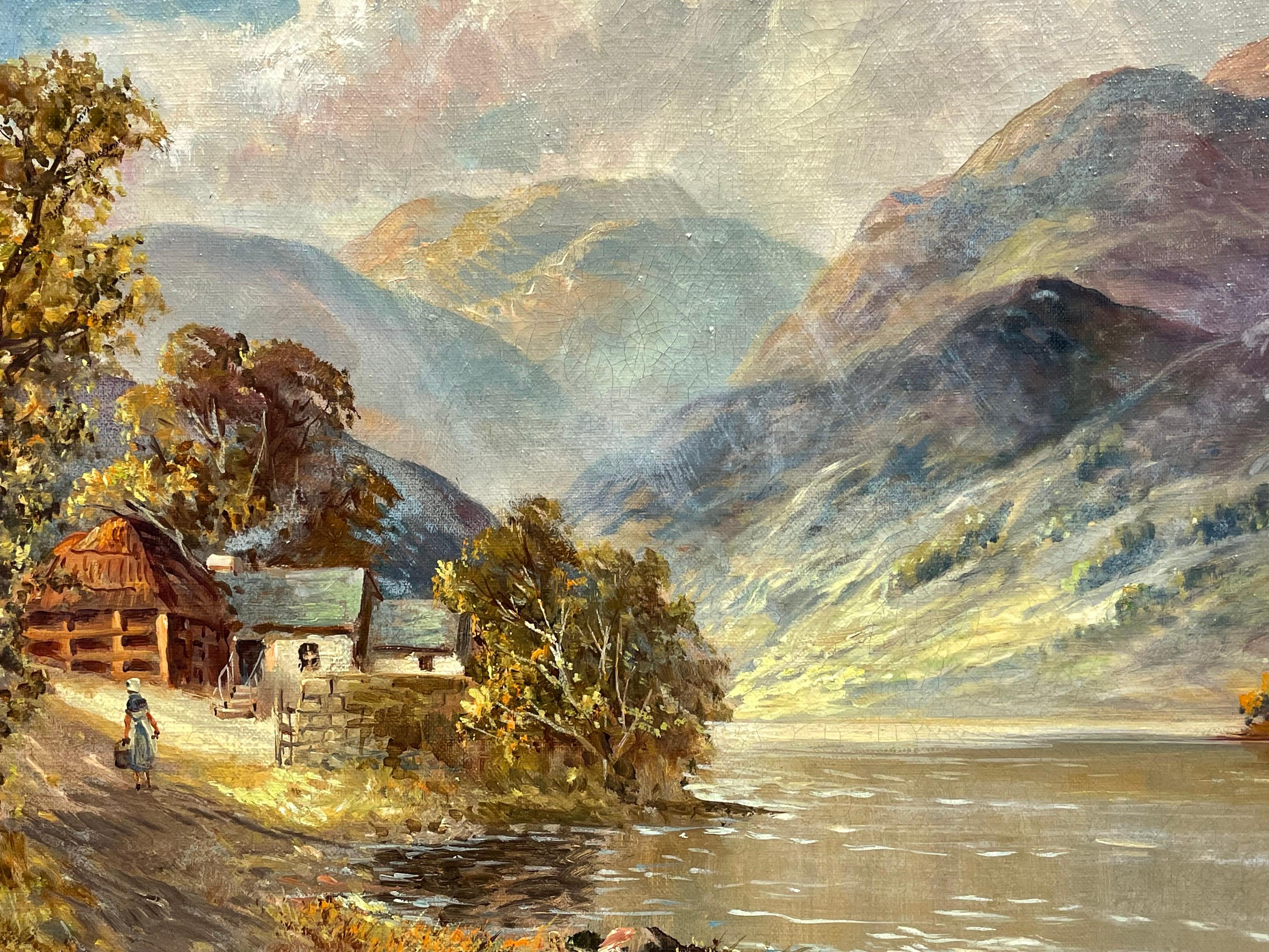 Antique Scottish Highlands Oil Painting Figure Walking to Cottage beside Loch - Brown Figurative Painting by Francis E. Jamieson