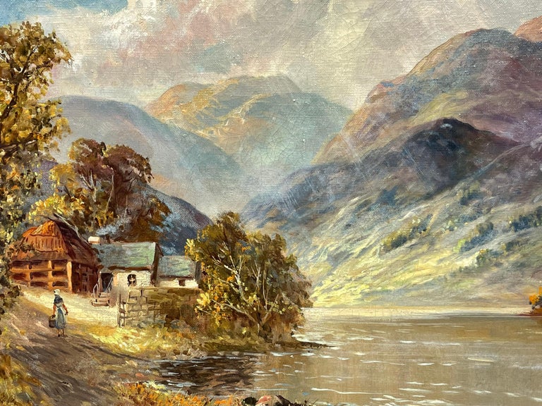 Antique Scottish Highlands Oil Painting Figure Walking to Cottage beside Loch For Sale 2