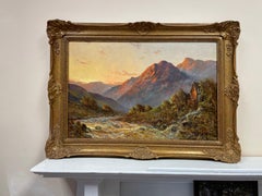 Antikes Ölgemälde der schottischen Highlands, Sonnenuntergang, Flusslandschaft mit Bergen