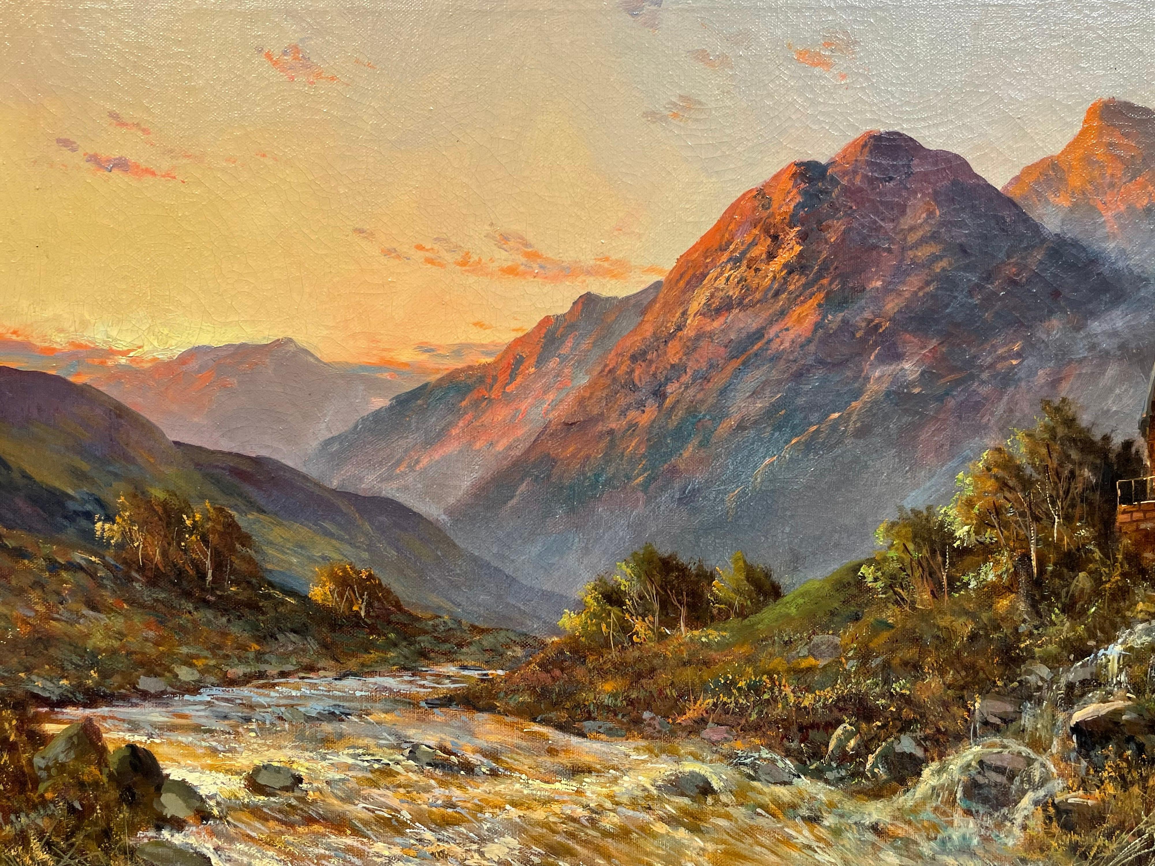 Antique Scottish Highlands Oil Painting Sunset River Landscape with Mountains - Brown Landscape Painting by Francis E. Jamieson