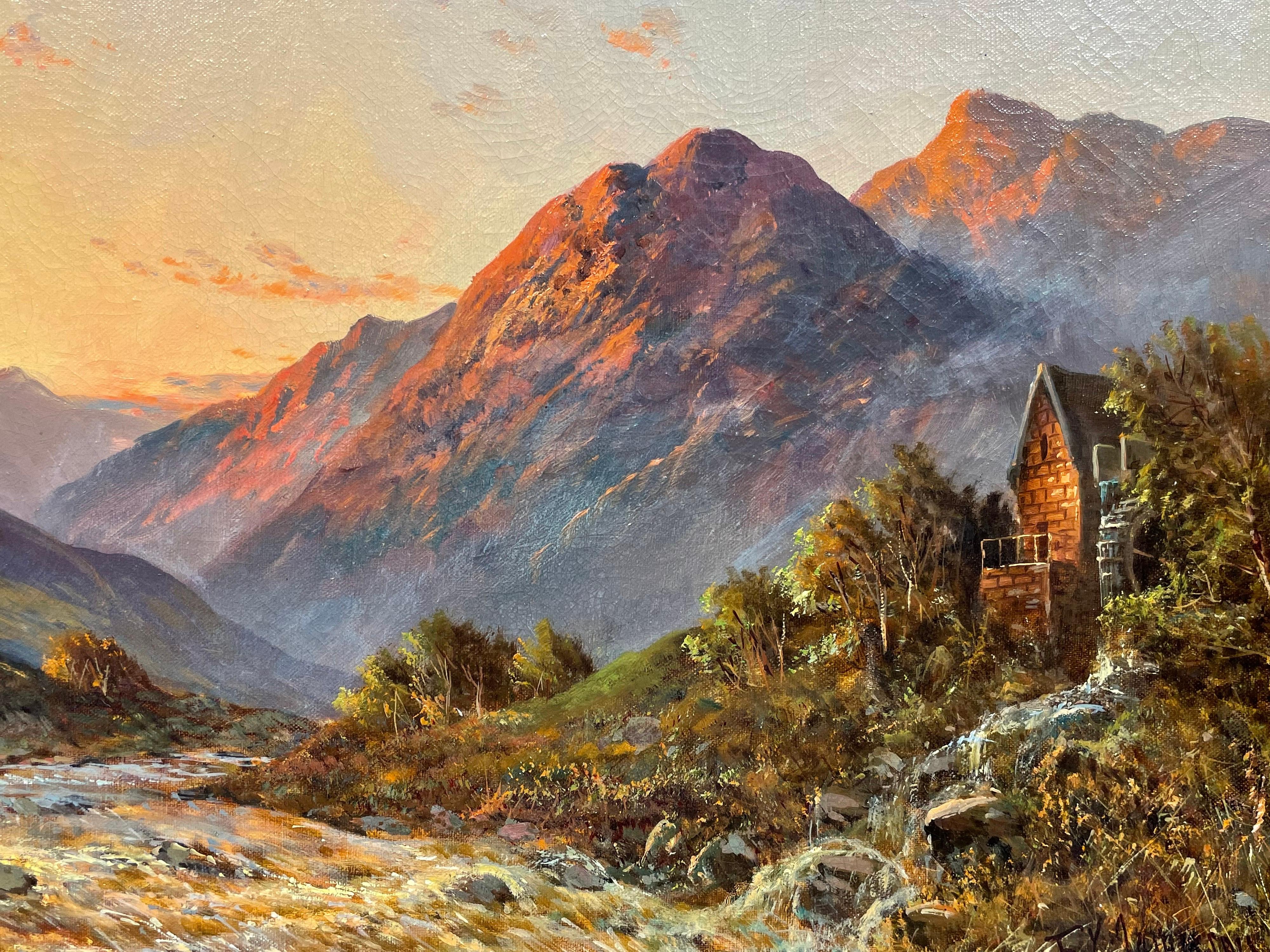 Antiguo cuadro al óleo de las Tierras Altas de Escocia Paisaje fluvial al atardecer con montañas en venta 1