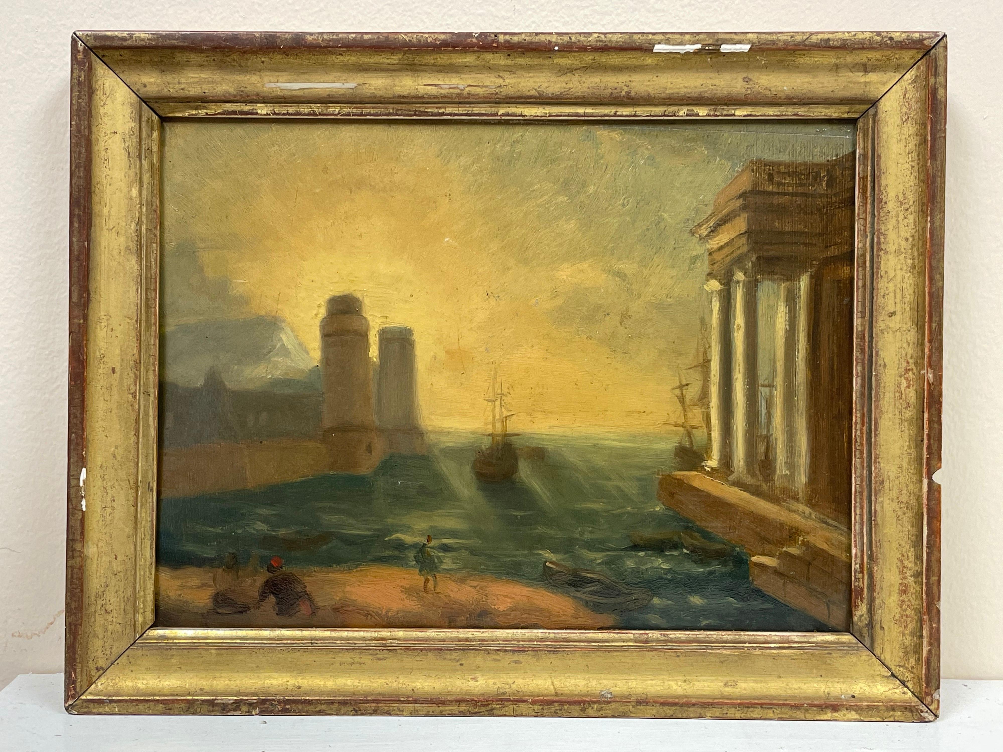 Antique French Oil Classical Trading Port Ancient Roman Architecture & Ships - Painting by French 1850's