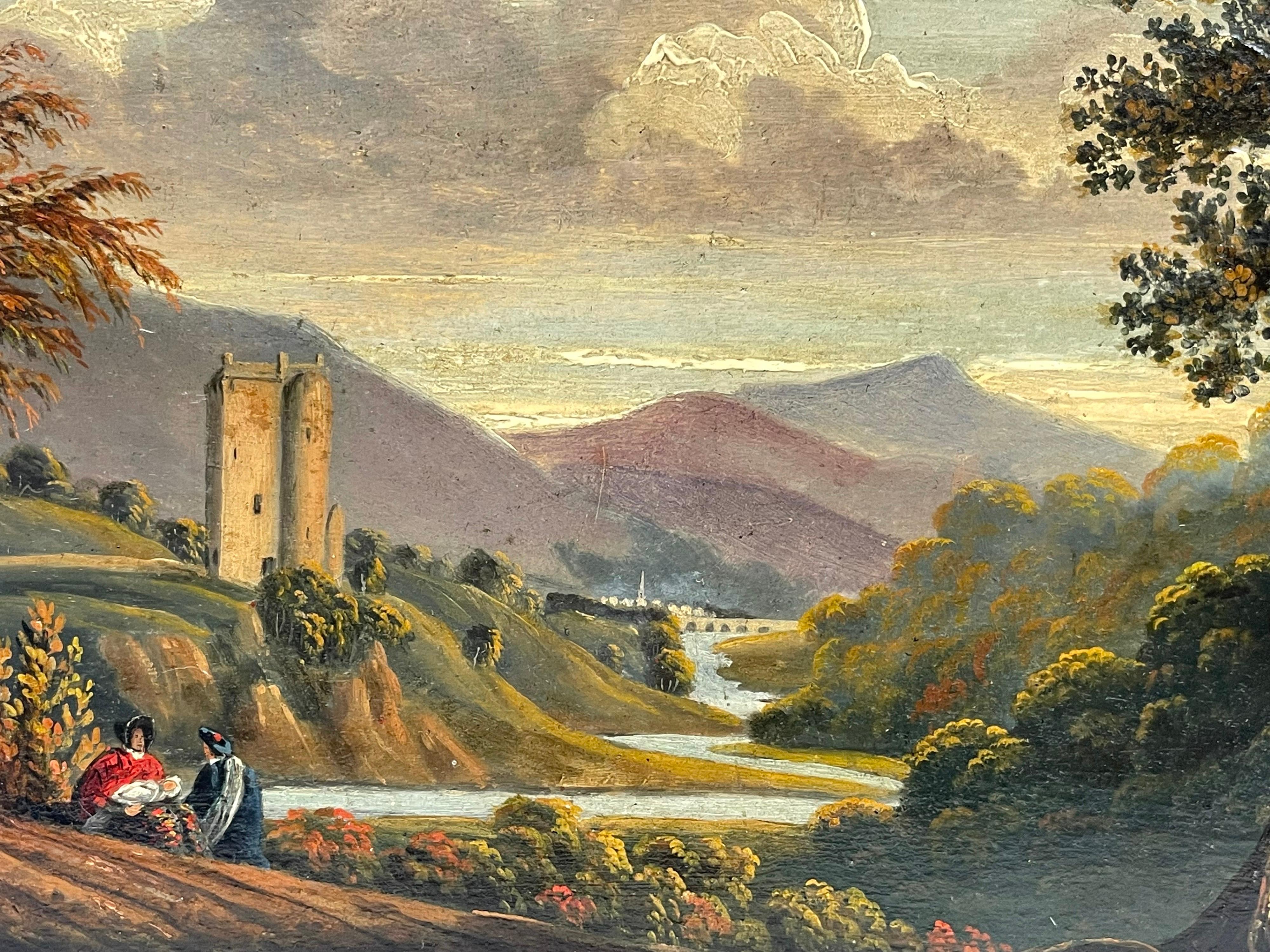 Victorian Scottish Oil Painting Family in Landscape by Niedpath Castle - Brown Figurative Painting by Scottish Victorian