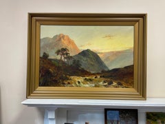 Antique Scottish Highlands Oil Painting Sunset River Landscape with Mountains