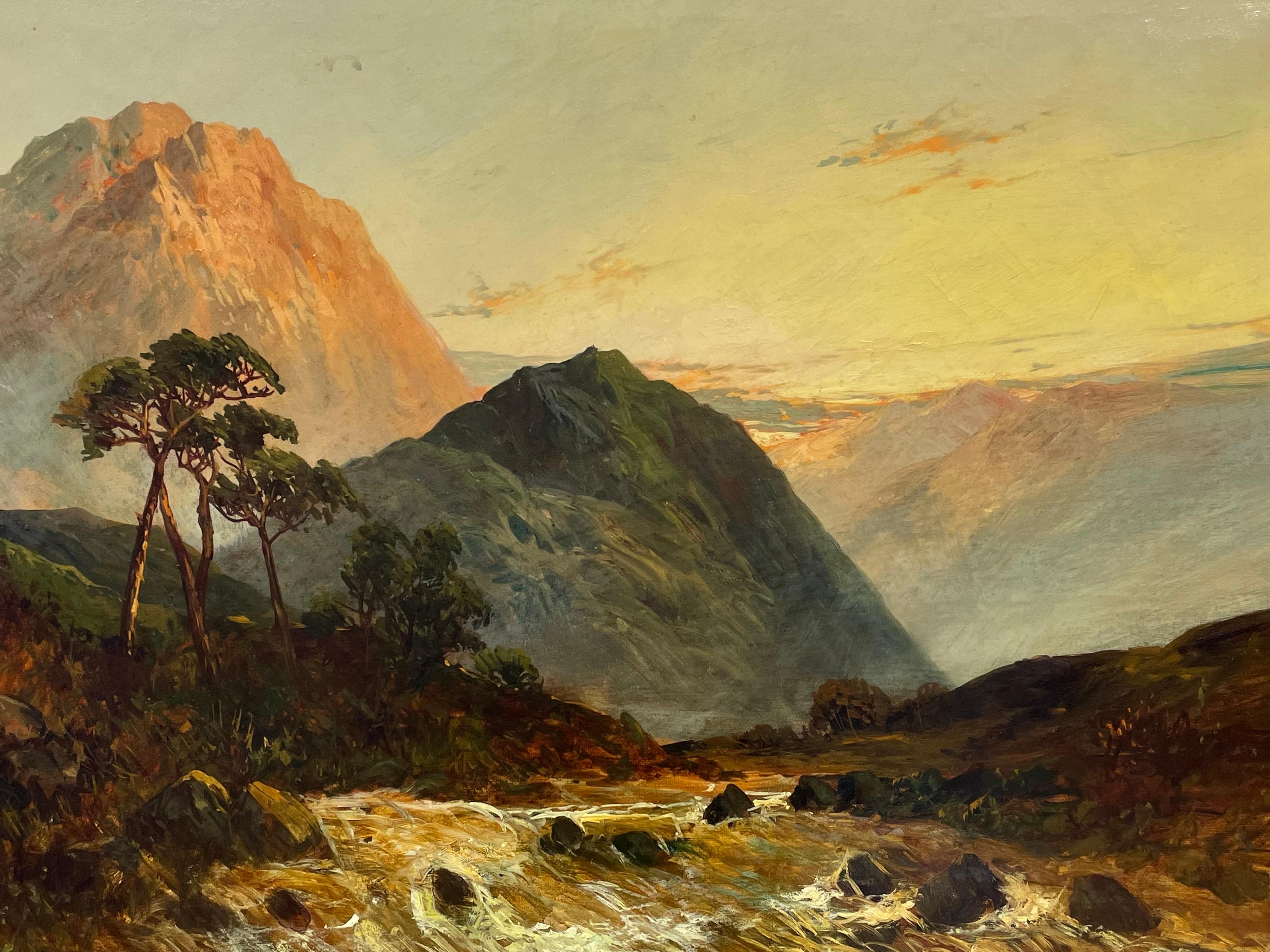 Antique Scottish Highlands Oil Painting Sunset River Landscape with Mountains - Brown Figurative Painting by Francis E. Jamieson