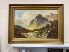 Antique Scottish Highlands Oil Painting Sunrise River Landscape with Mountains