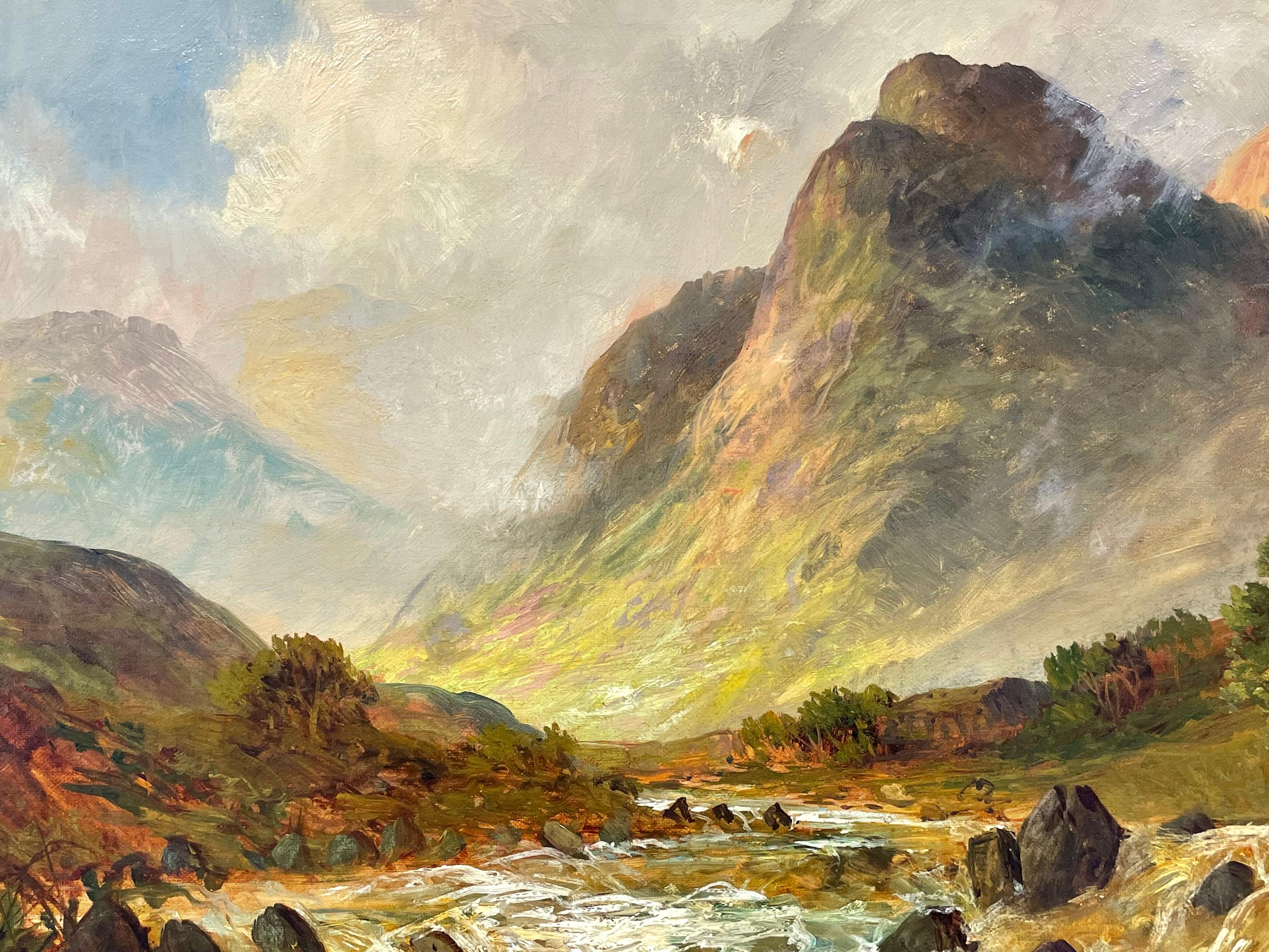 Antique Scottish Highlands Oil Painting Sunrise River Landscape with Mountains - Brown Figurative Painting by Francis E. Jamieson