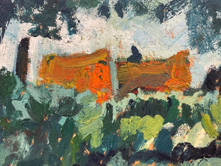 Mid 20th Century French Barns in Shaded Green Fields Landscape Thick Impasto Oil For Sale 1