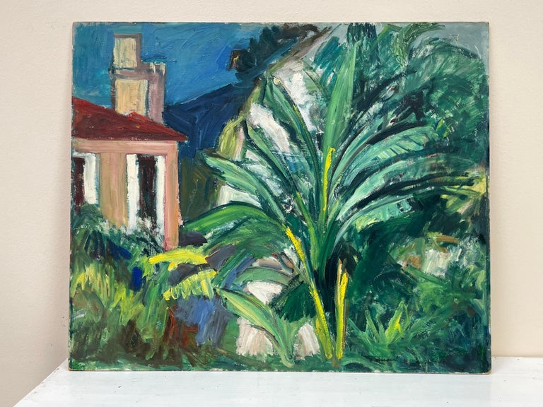 Mid 20th Century French Fauvist Signed Oil Cote d'Azur Pink House Palm Trees - Blue Still-Life Painting by French Fauvist