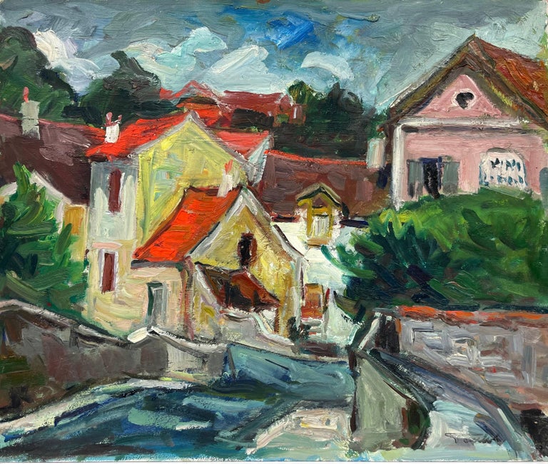 1950's French Fauvist Signed Oil Red Roof Tops Pink Houses Harbour Scene For Sale 1