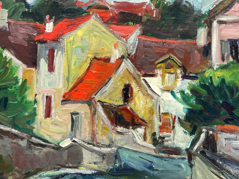 1950's French Fauvist Signed Oil Red Roof Tops Pink Houses Harbour Scene For Sale 3