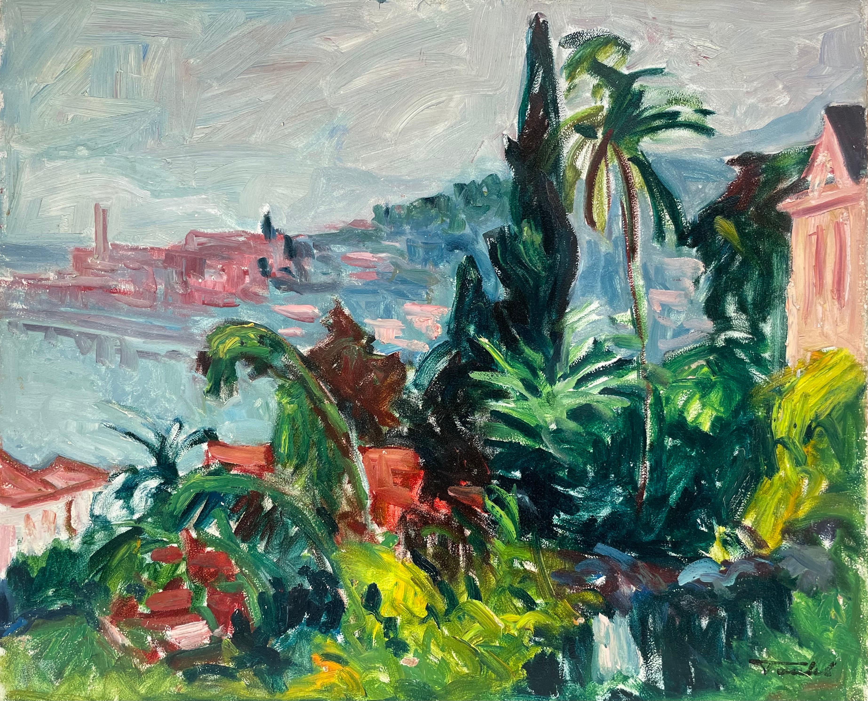 Huile du fauvisme français des années 1950 signée St. Tropez Pink Houses Gardens & Palm Trees - Fauvisme Painting par French Fauvist