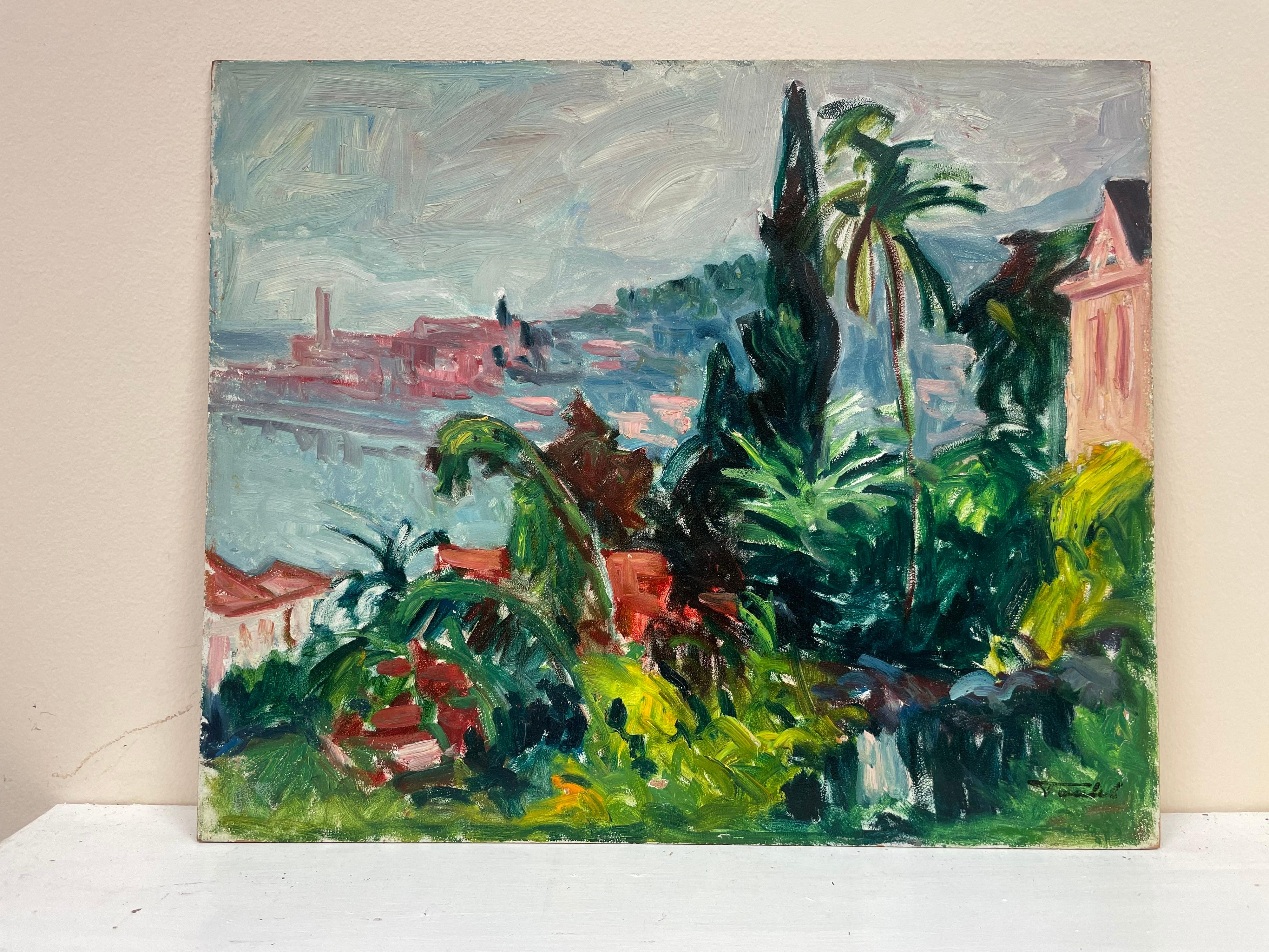Huile du fauvisme français des années 1950 signée St. Tropez Pink Houses Gardens & Palm Trees - Painting de French Fauvist