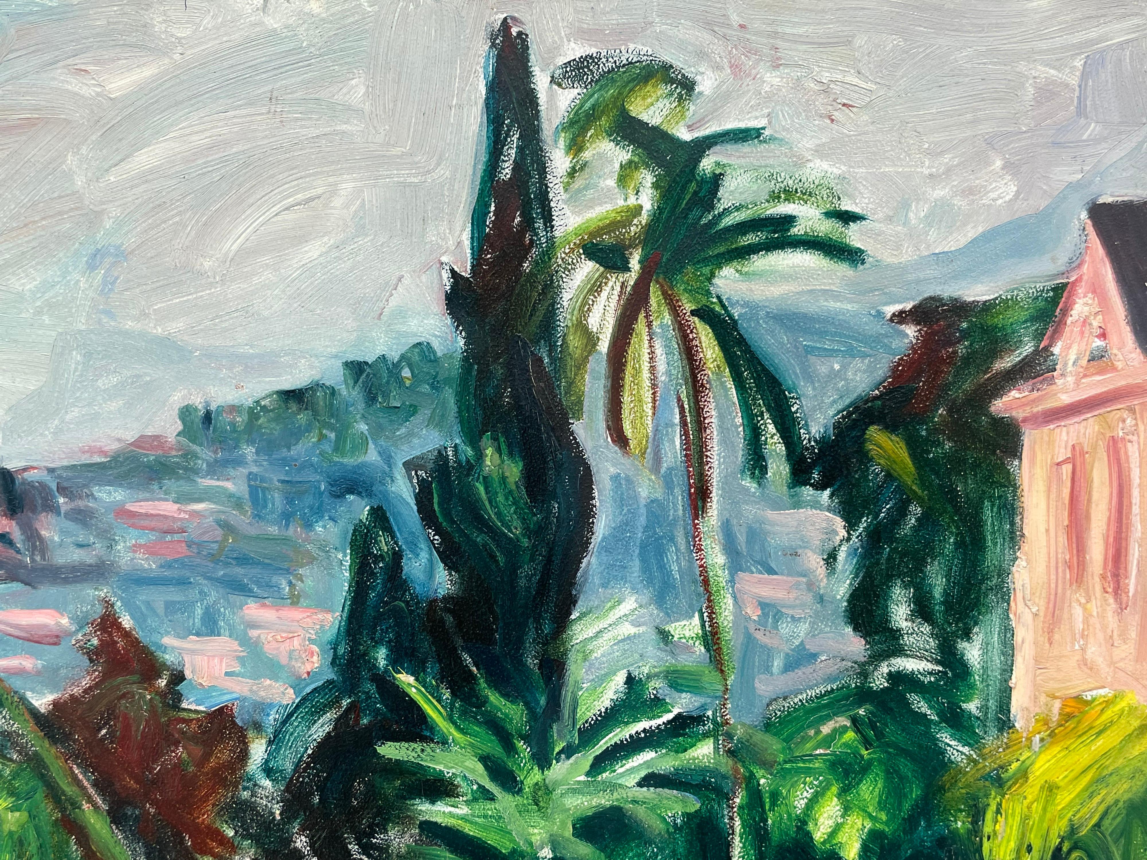 Huile du fauvisme français des années 1950 signée St. Tropez Pink Houses Gardens & Palm Trees - Gris Still-Life Painting par French Fauvist