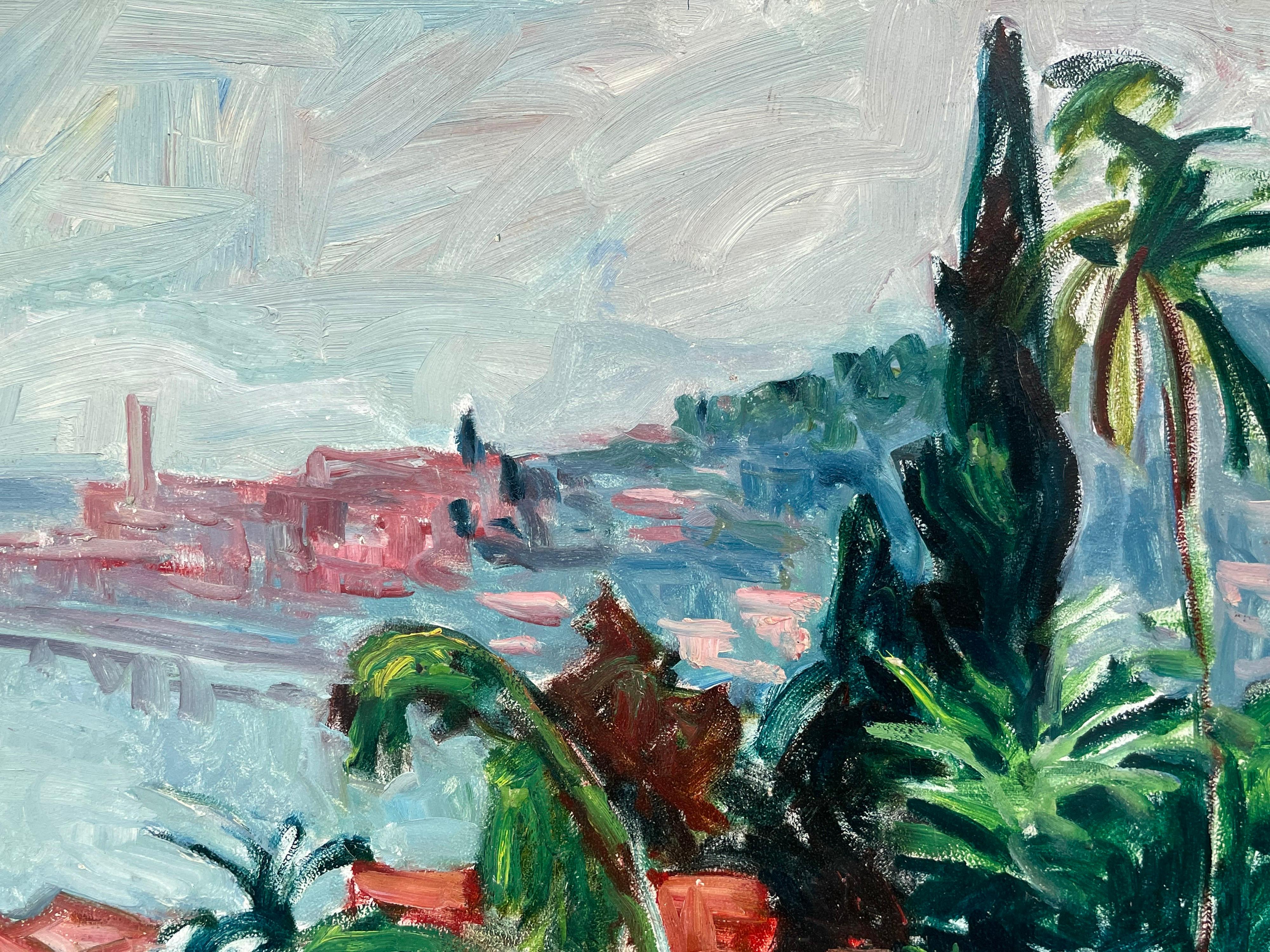 Huile du fauvisme français des années 1950 signée St. Tropez Pink Houses Gardens & Palm Trees en vente 1