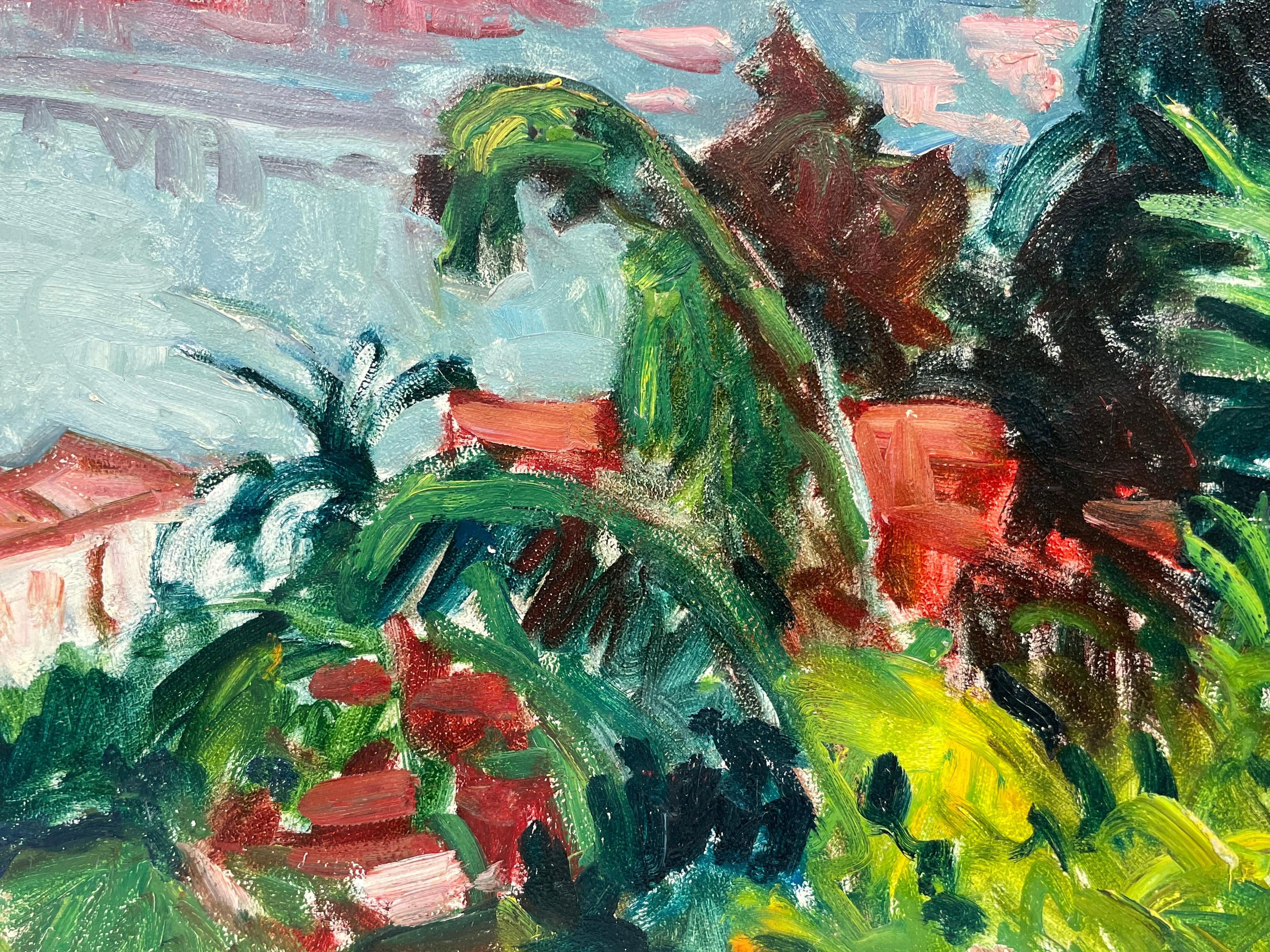 Huile du fauvisme français des années 1950 signée St. Tropez Pink Houses Gardens & Palm Trees en vente 2