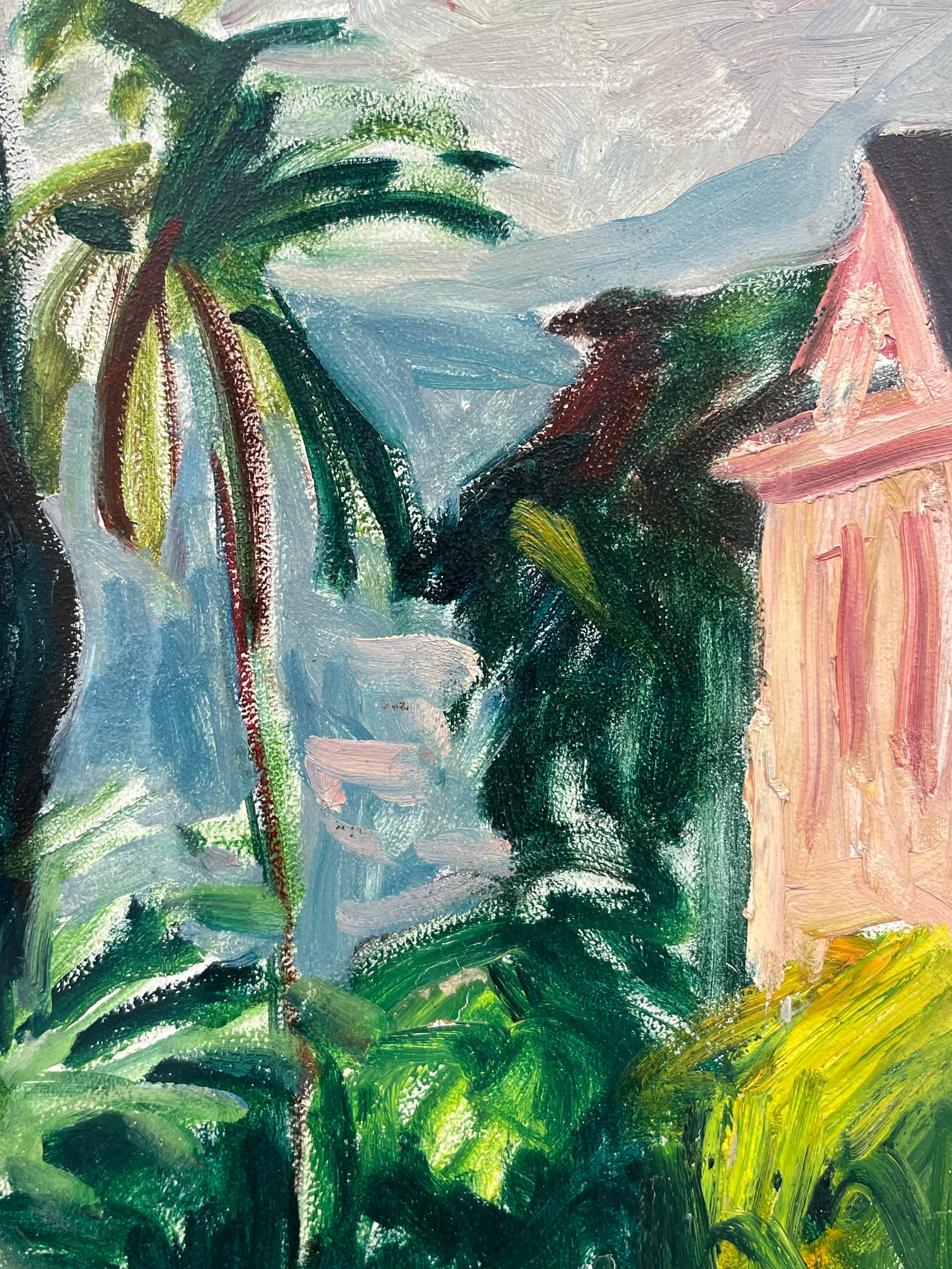 1950's French Fauvist Signed Oil St. Tropez Pink Houses Gardens & Palm Trees For Sale 5