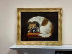 1830's French Dog Painting - Signed Oil of Dog resting on Cushion - Gilt Framed