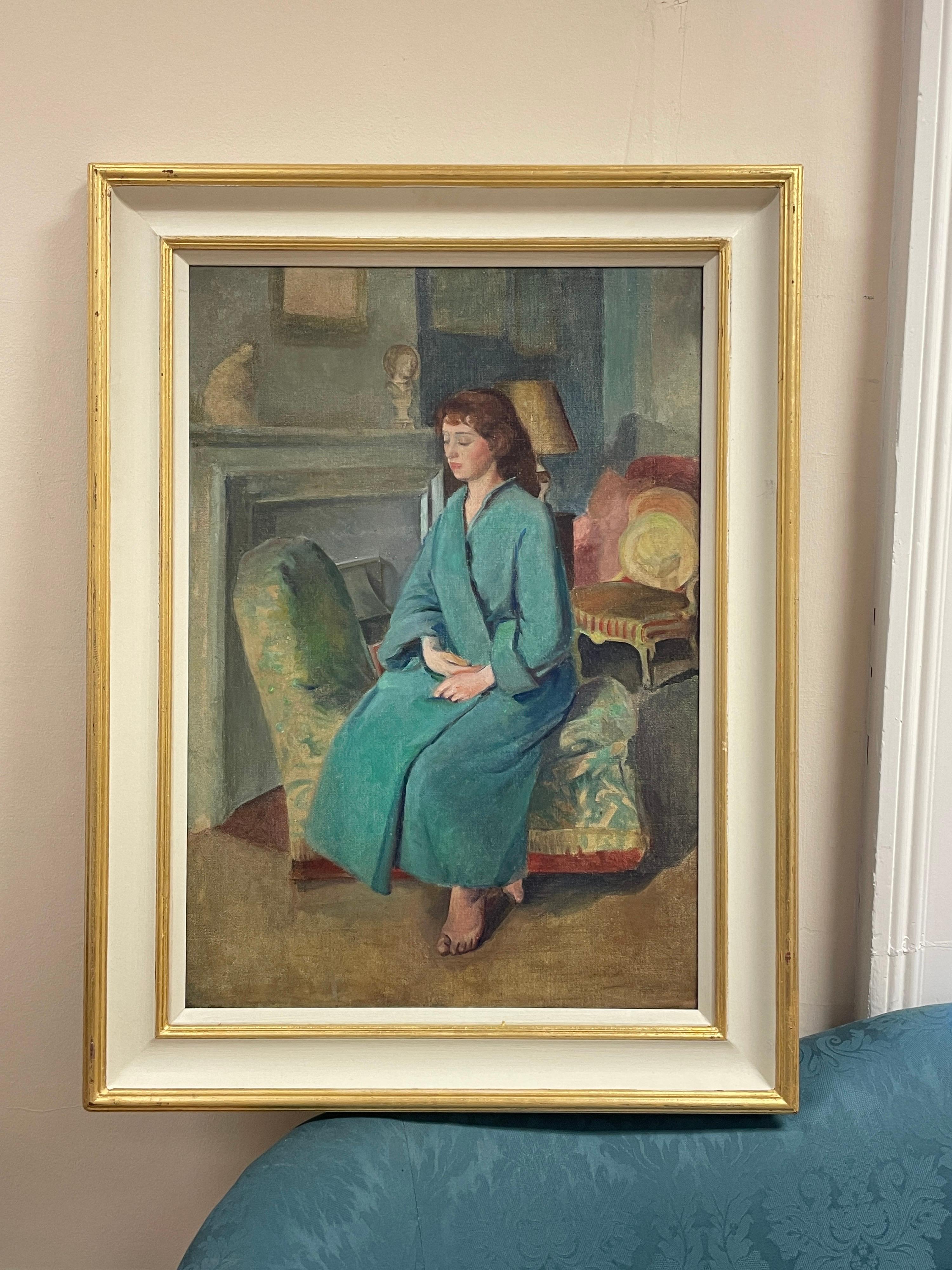 1930's Modern British Slade School Interior Room Scene Young Lady Portrait OIL - Painting by Francis Helps