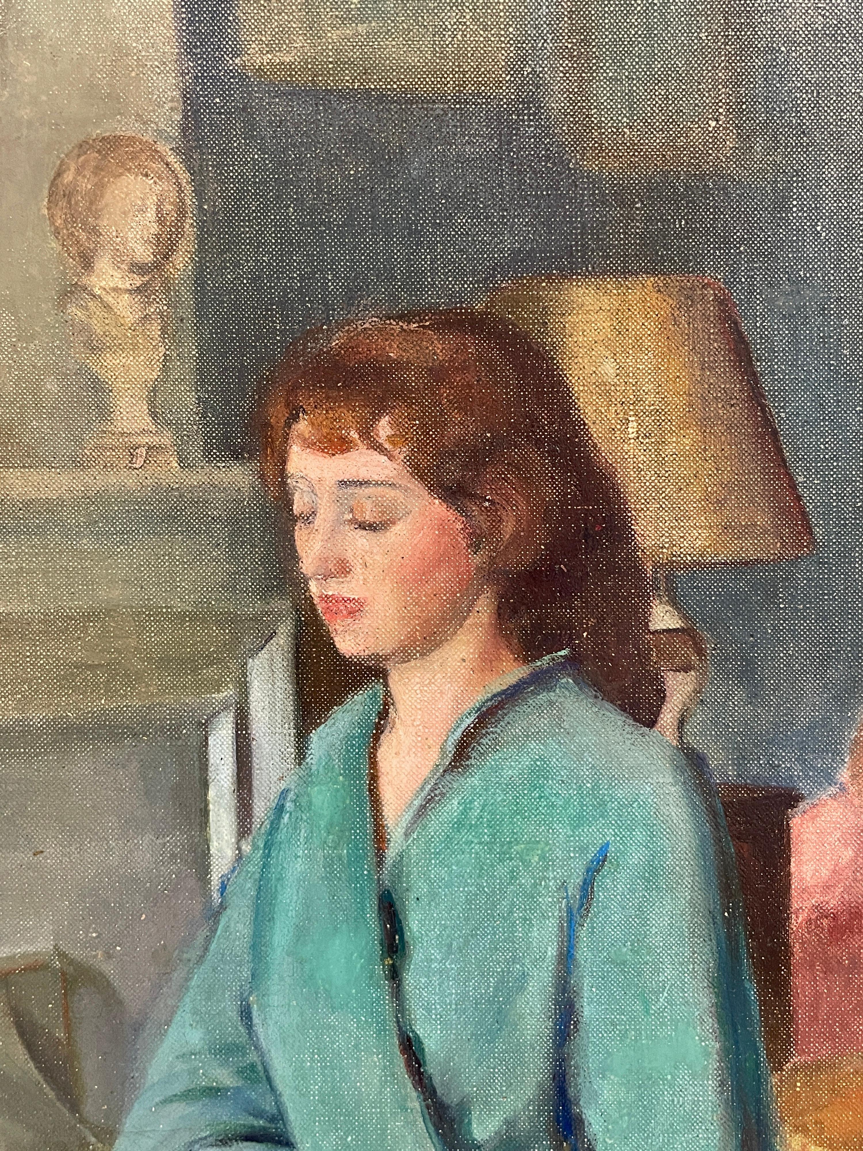 1930's Modern British Slade School Interior Room Scene Young Lady Portrait OIL - Gray Portrait Painting by Francis Helps