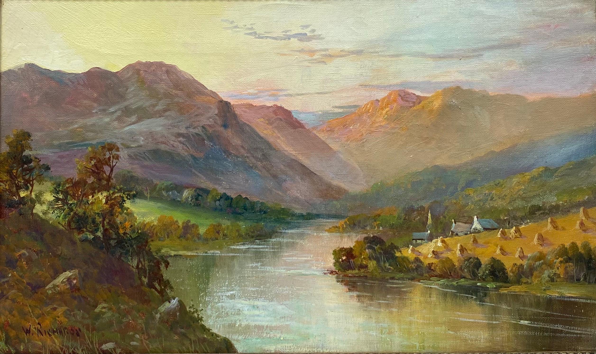 Francis E. Jamieson Landscape Painting - Antique Scottish Highlands Oil Painting Golden Harvest Field by the River Bank