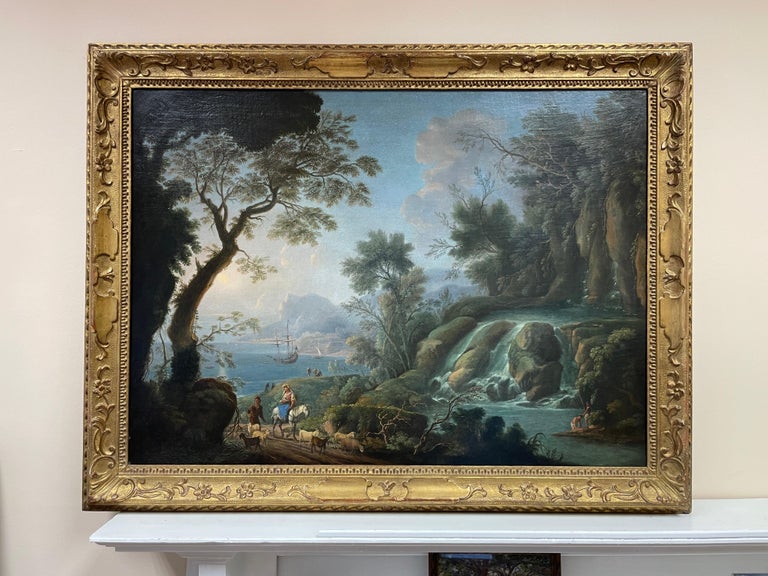 18th Century Italian Huge Oil Painting Figures in Classical Waterfall Landscape For Sale 1
