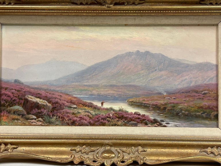 Pair Antique Scottish Oil Paintings Angler in Highland River Landscape & Heather - Gray Figurative Painting by Edgar Longstaffe