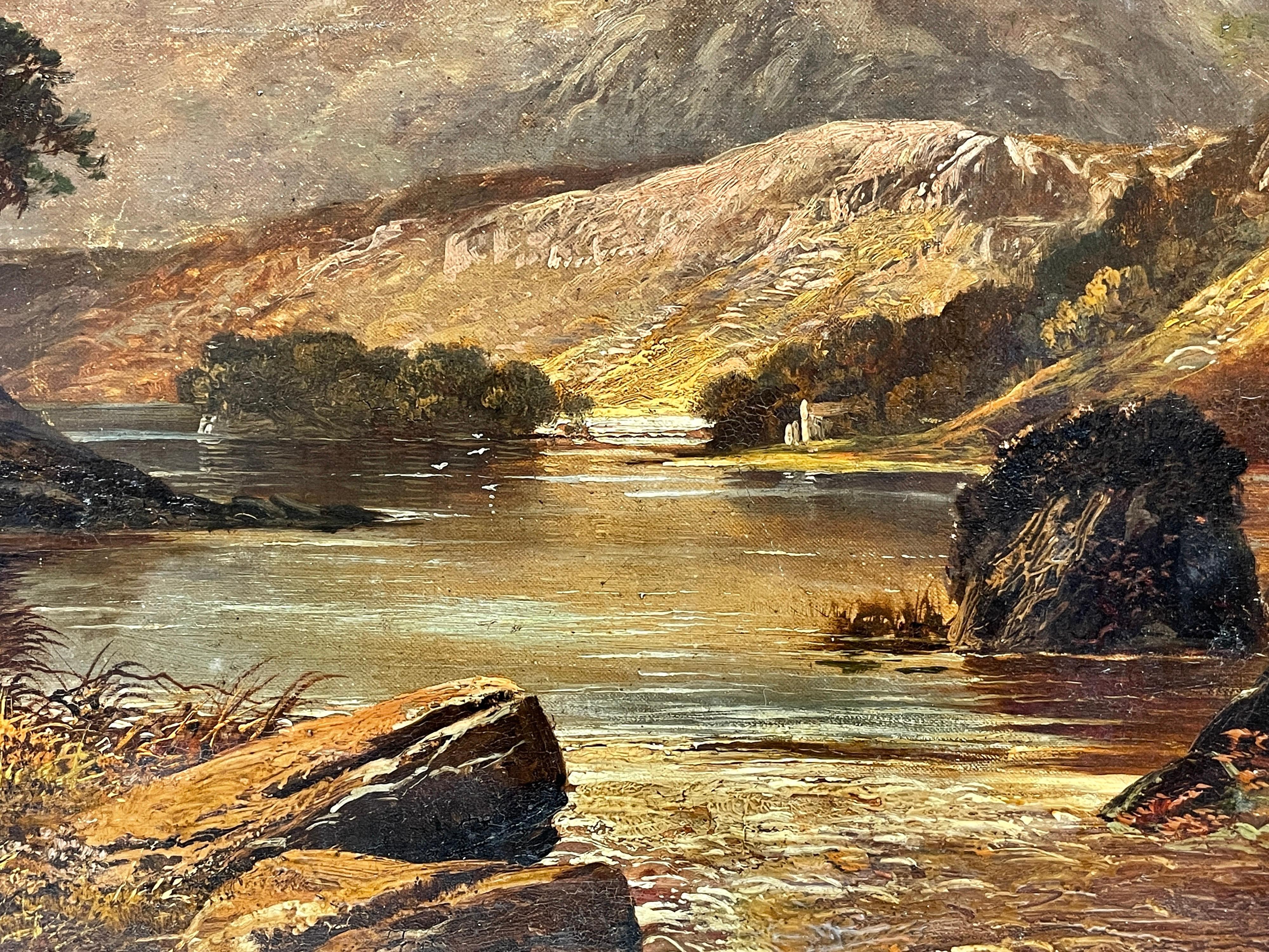 The Scottish Highlands, Victorian Signed Oil Painting Very Large Loch Scene - Brown Landscape Painting by Clarence Roe