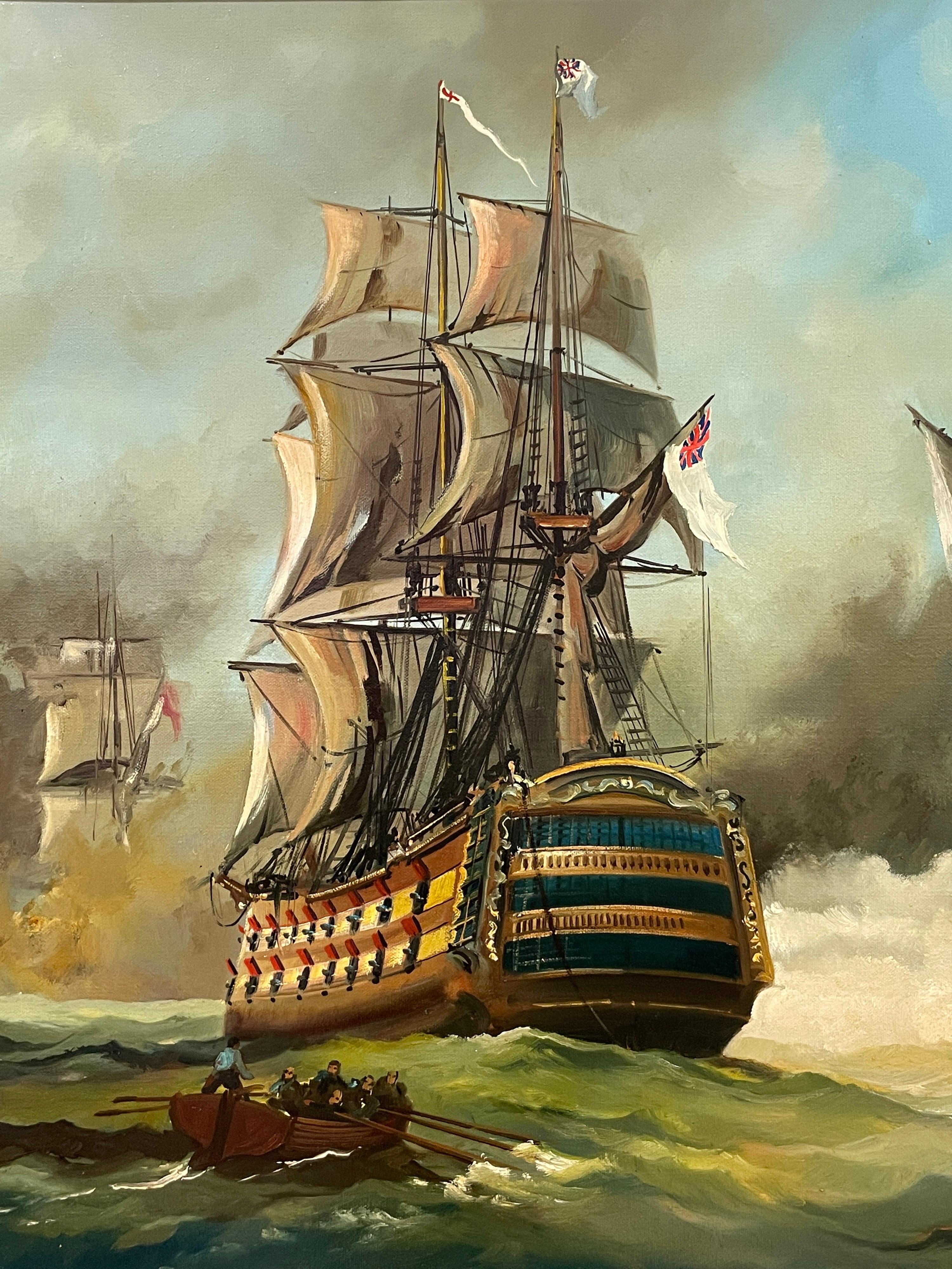 The Battle of Trafalgar
by Dion Pears (British 1929-1985)
signed & dated, lower left
oil painting on canvas, framed

framed measurements: 33 x 40 inches

Dramatic and impressive original oil painting by the well listed British marine artist, Dion