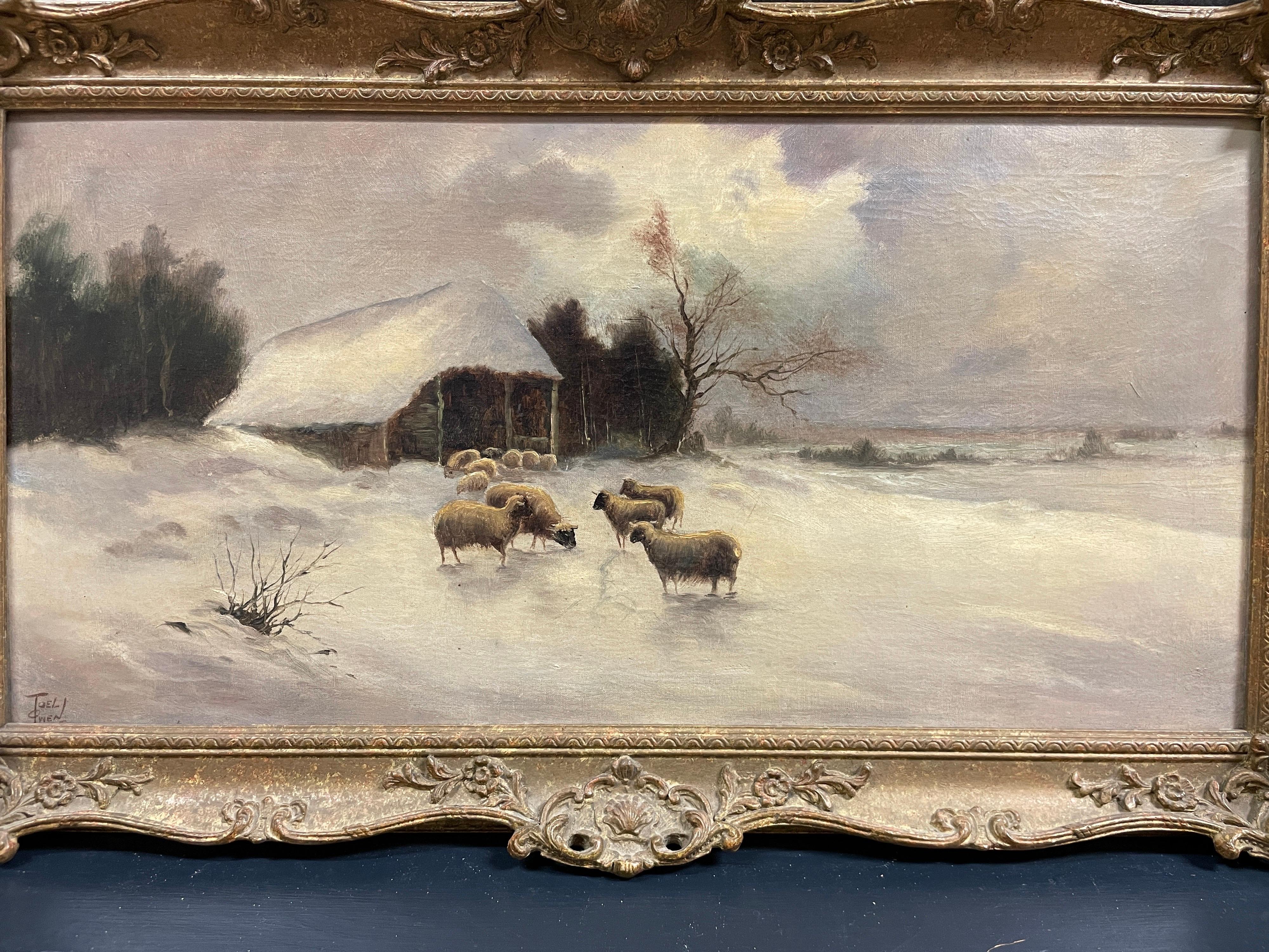 Sheep in Winter Snow Farm Landscape Antique British Oil Painting, signed - Beige Animal Painting by Joel Owen
