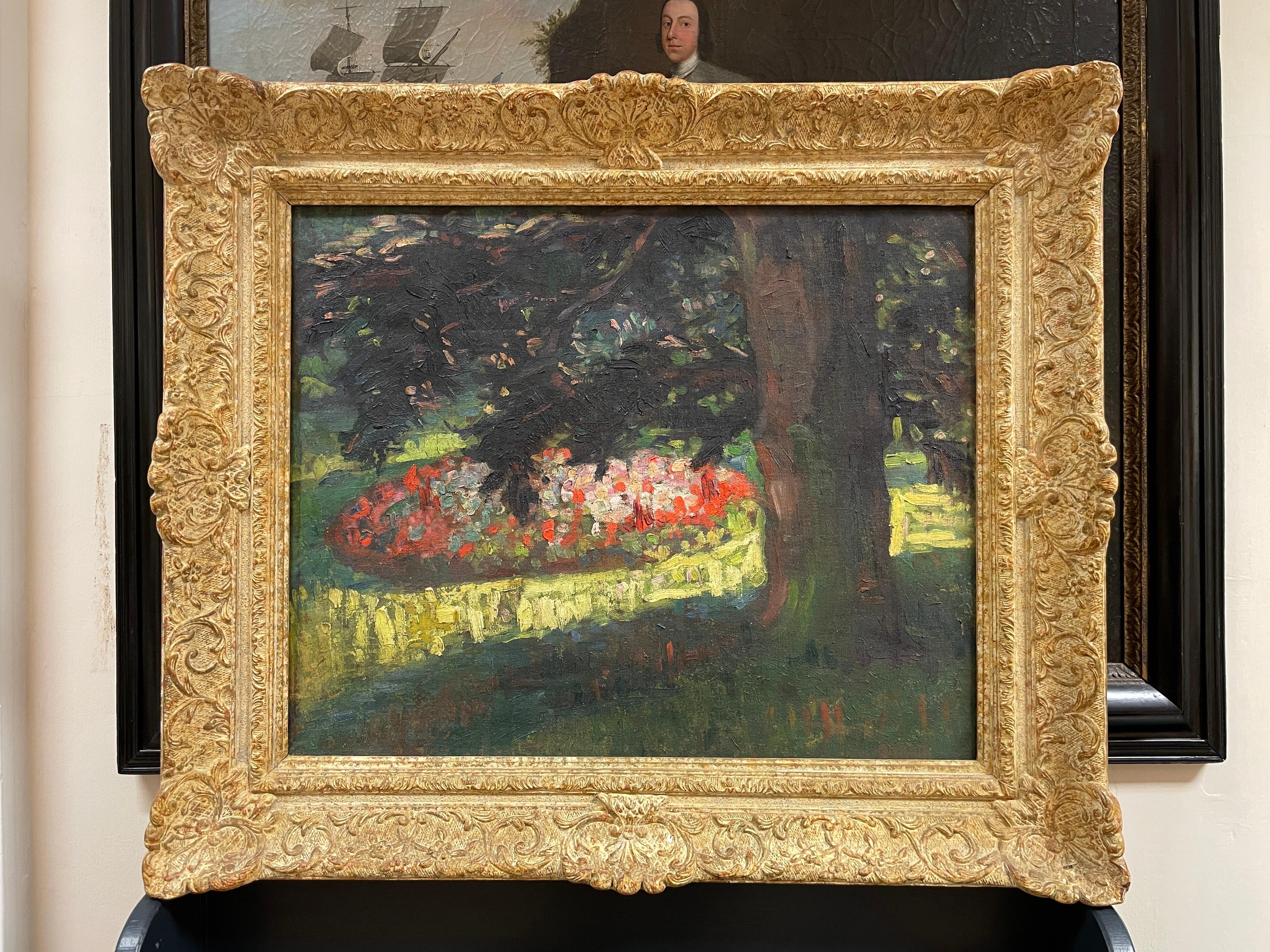 The Flower Garden (with portrait sketch verso)
French School, circa 1920's-30's period
circle of Maurice Denis (French 1870-1943)
oil painting on canvas, framed
framed size: 27 x 31 inches
condition: very good indeed
provenance: from a private