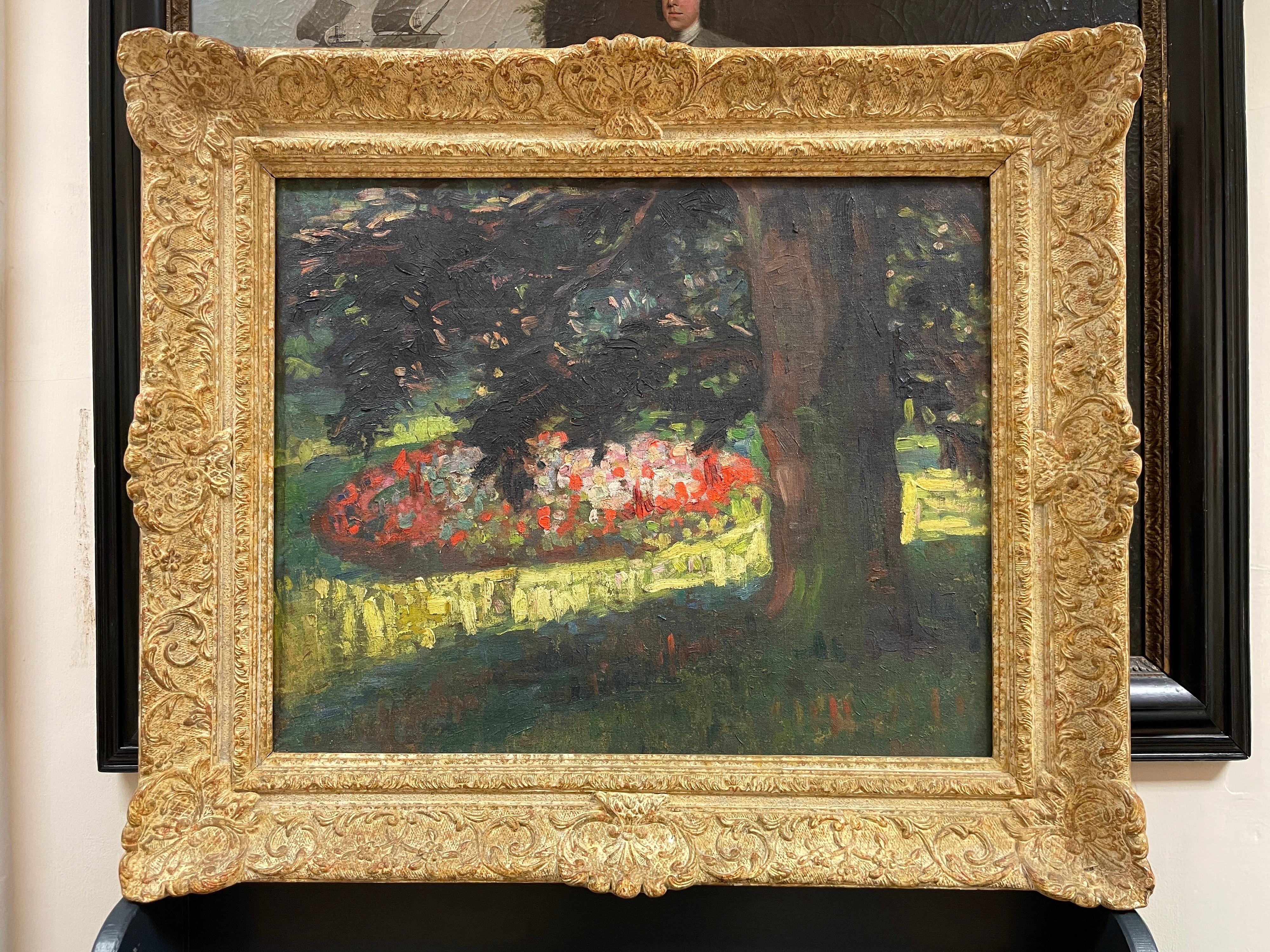 1920's/30's French Les Nabis Original Oil Painting Flower Garden in Parkland - Gray Landscape Painting by circle of Maurice Denis