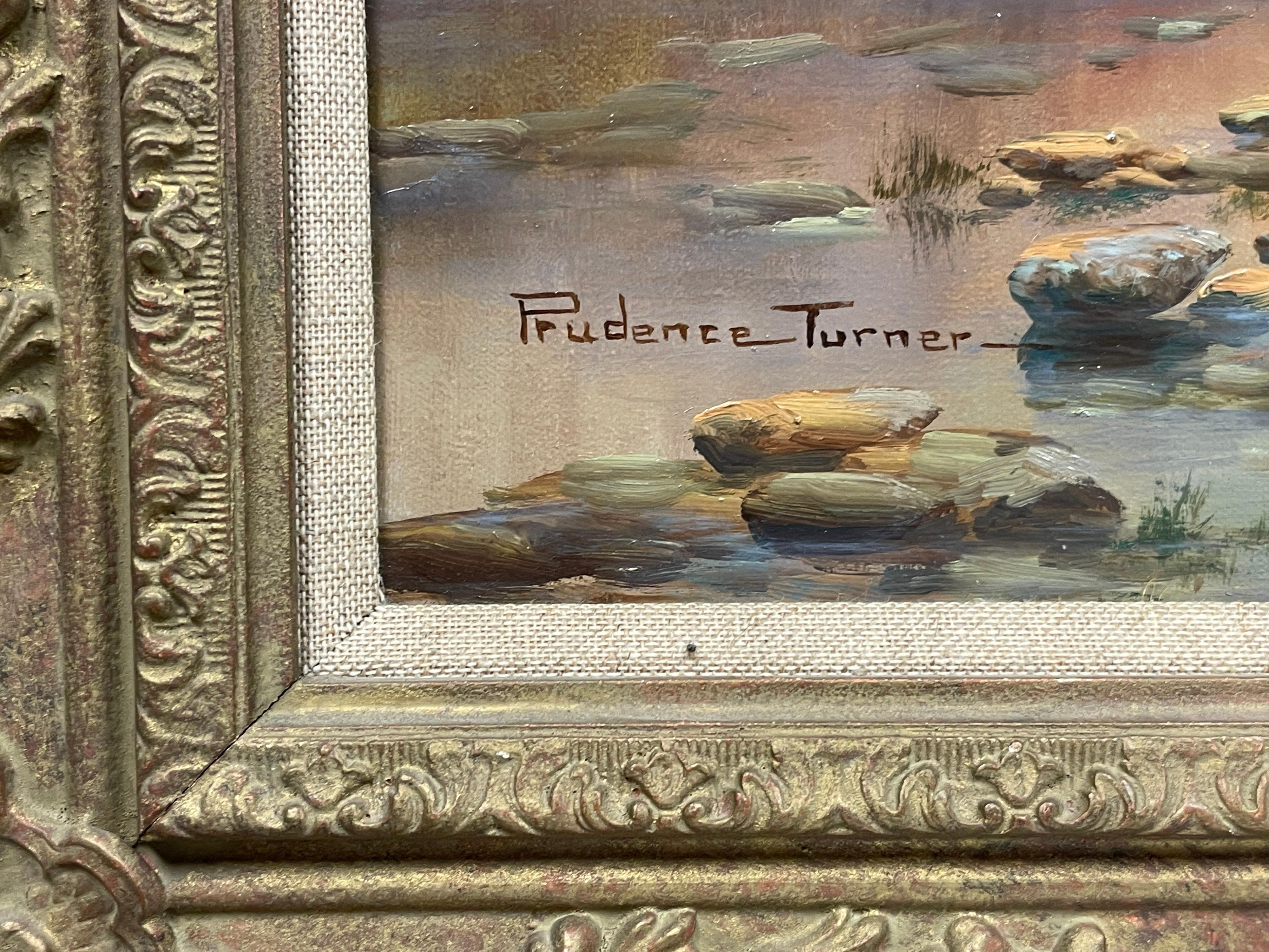 Large Signed Original Oil - Scottish Highlands Loch with Cattle Watering - Brown Animal Painting by Prudence Turner