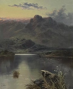 Fine Victorian Scottish Loch Scene with Mountains, Signed Antique Oil Painting