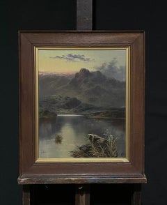 Fine Victorian Scottish Loch Scene with Mountains, Signed Antique Oil Painting