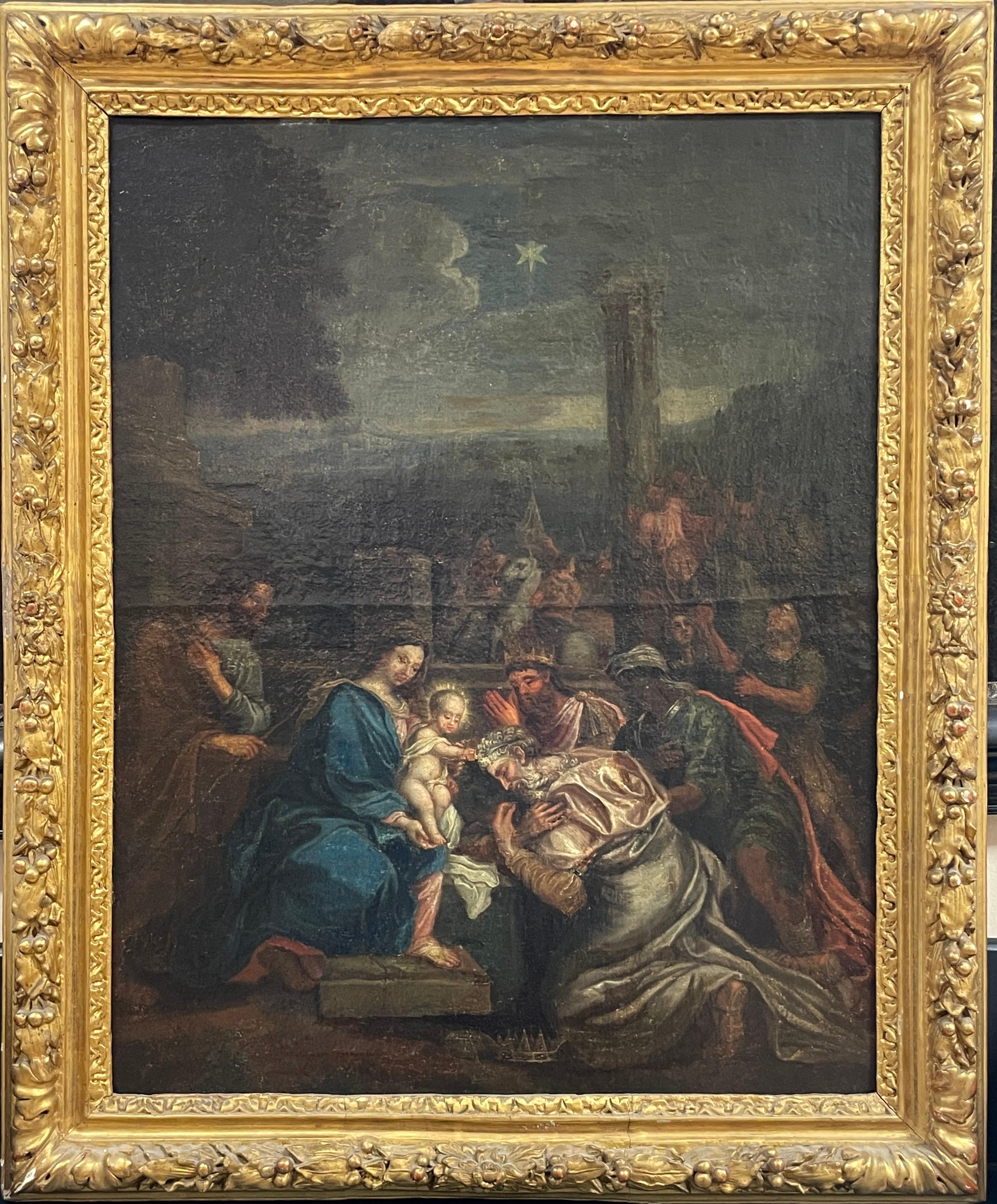 The Nativity
Flemish School, early 17th century
oil painting on canvas, framed
18th century gilt frame. 
canvas: 25.5 x 20.25 inches
framed: 30 x 25 inches
condition: very presentable and in stable, sound condition; ready to be enjoyed. As with any