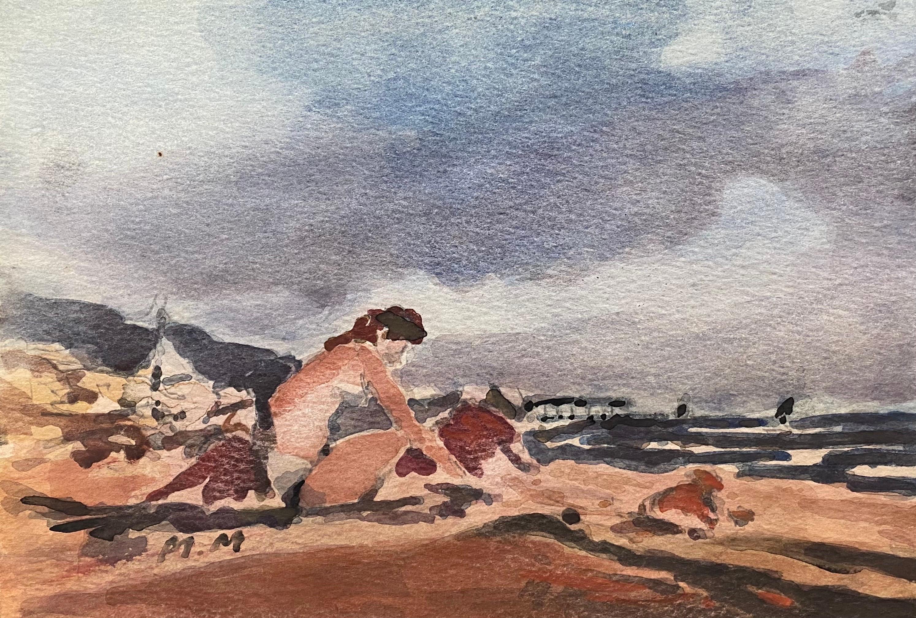 Maurice Mazeilie Landscape Painting - MAURICE MAZEILIE-FRENCH IMPRESSIONIST SIGNED WATERCOLOUR- Figure On Cloudy Beach
