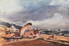 MAURICE MAZEILIE-FRENCH IMPRESSIONIST SIGNED WATERCOLOUR - Figure sur plage nuageuse