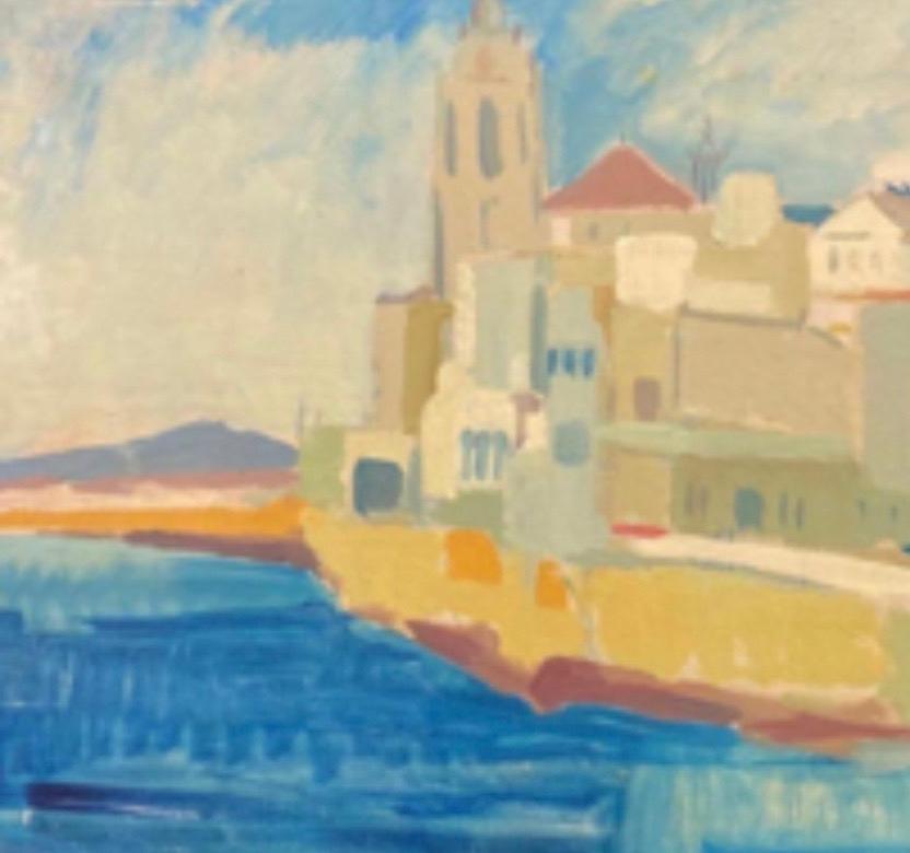 20th Century Signed German Modernist Oil Painting Mediterranean Coastal Town  - Beige Landscape Painting by Elisabeth Hahn