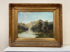 Antique Scottish Highlands Oil Painting Sunset over the Loch, signed & framed