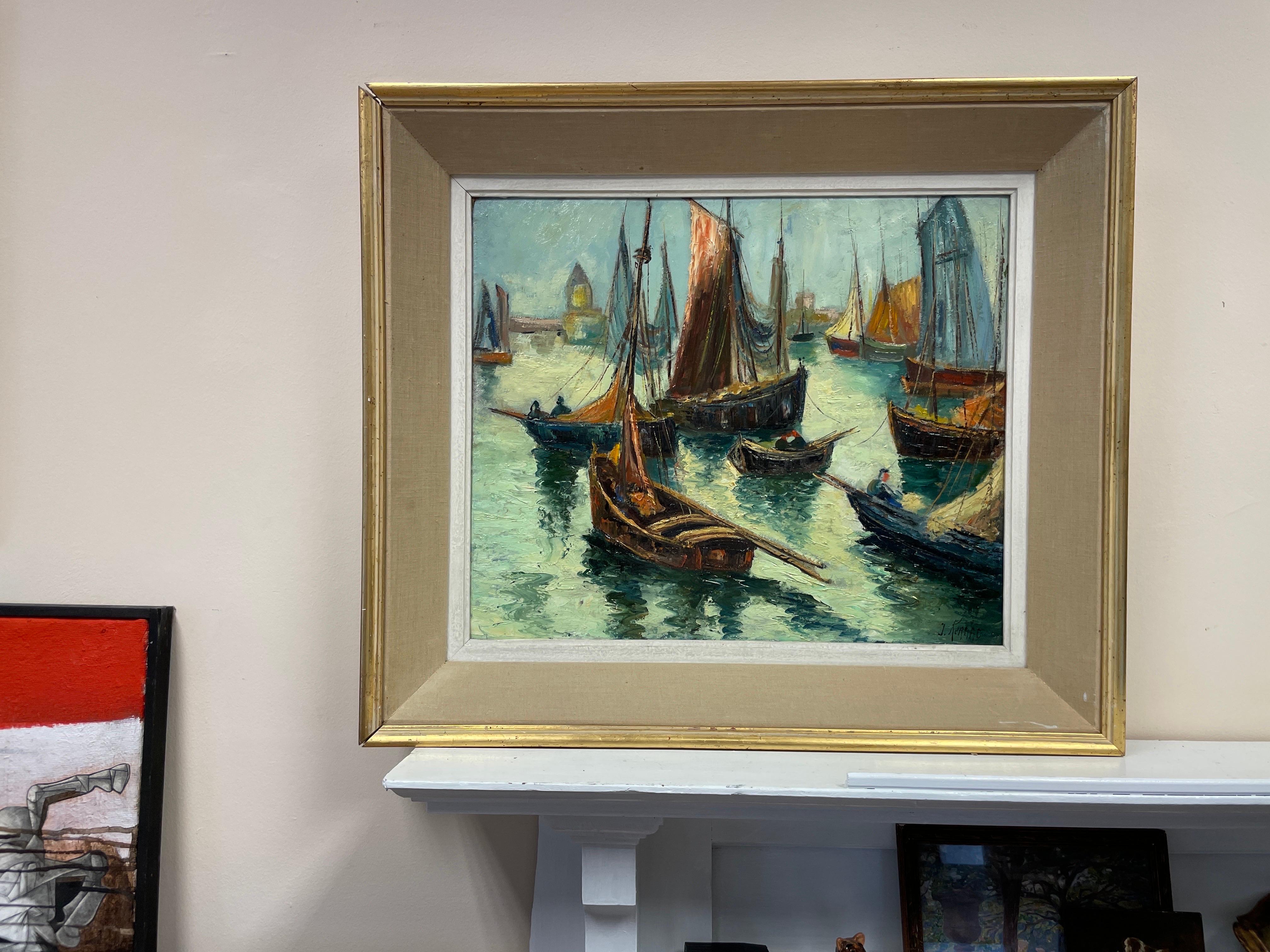 1950's French Fishing Boats in Sleepy Harbour Beautiful Impasto Sludgy Oil - Painting by French Mid Century