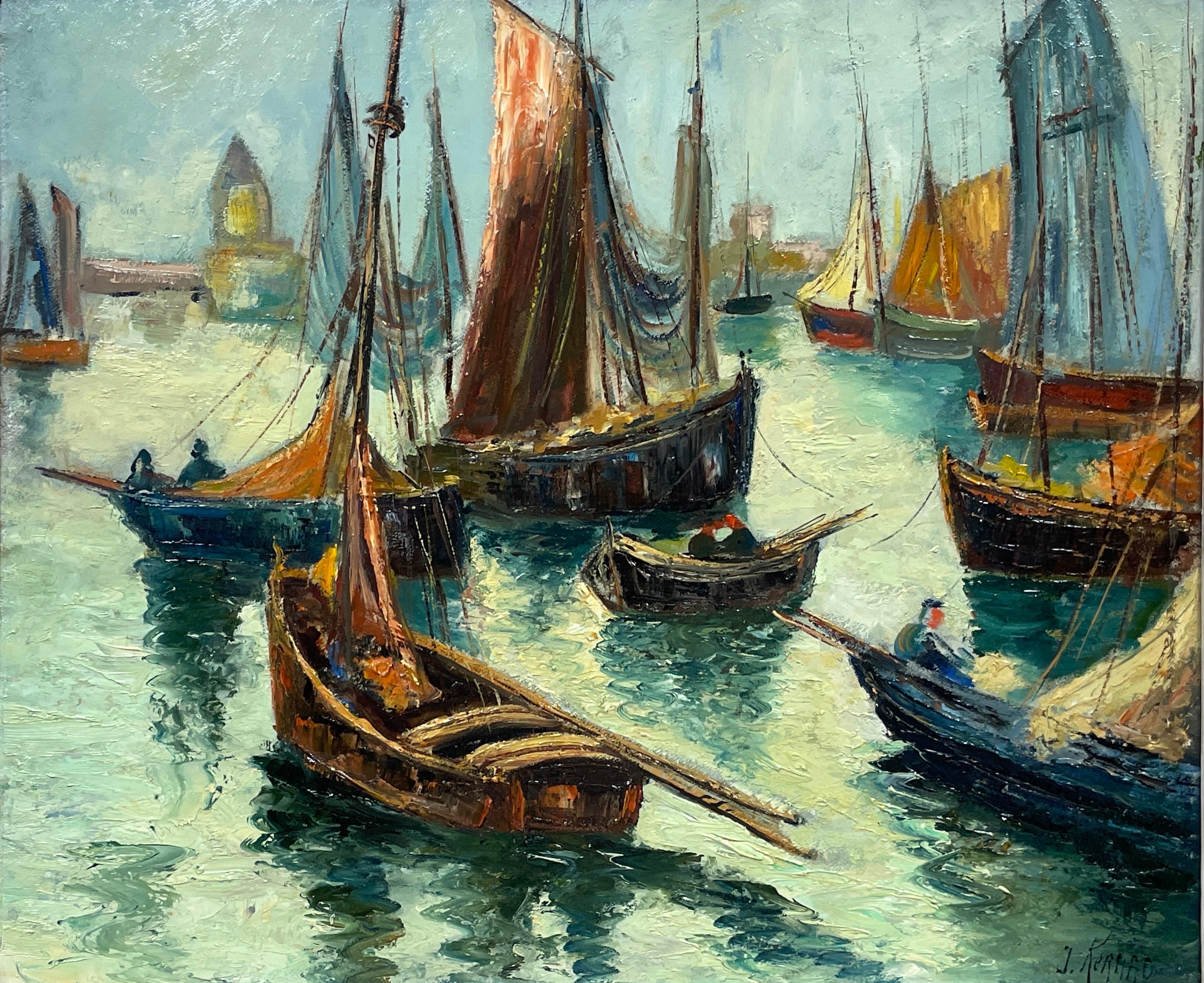 1950's French Fishing Boats in Sleepy Harbour Beautiful Impasto Sludgy Oil - Impressionist Painting by French Mid Century