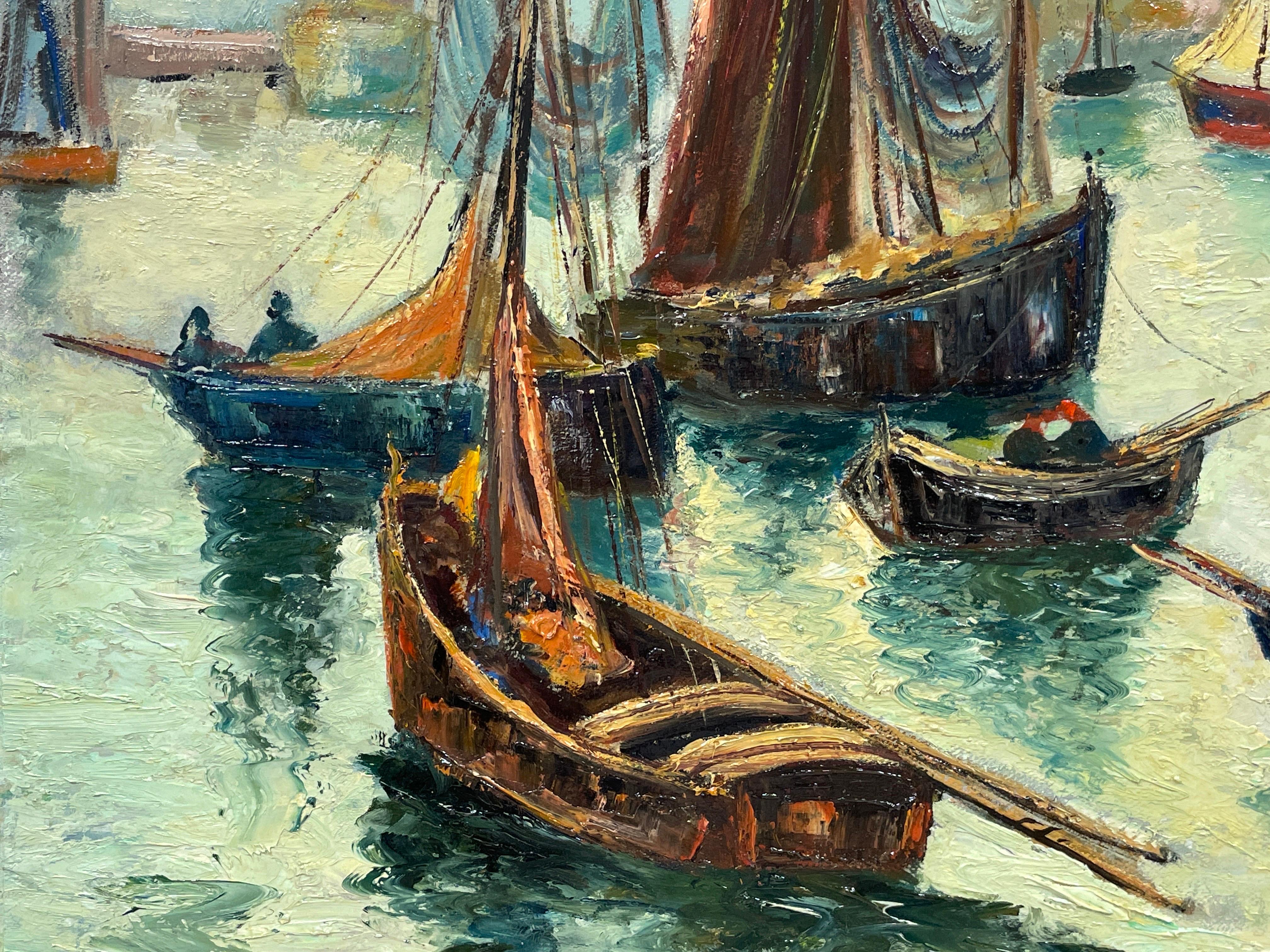 1950's French Fishing Boats in Sleepy Harbour Beautiful Impasto Sludgy Oil - Brown Figurative Painting by French Mid Century