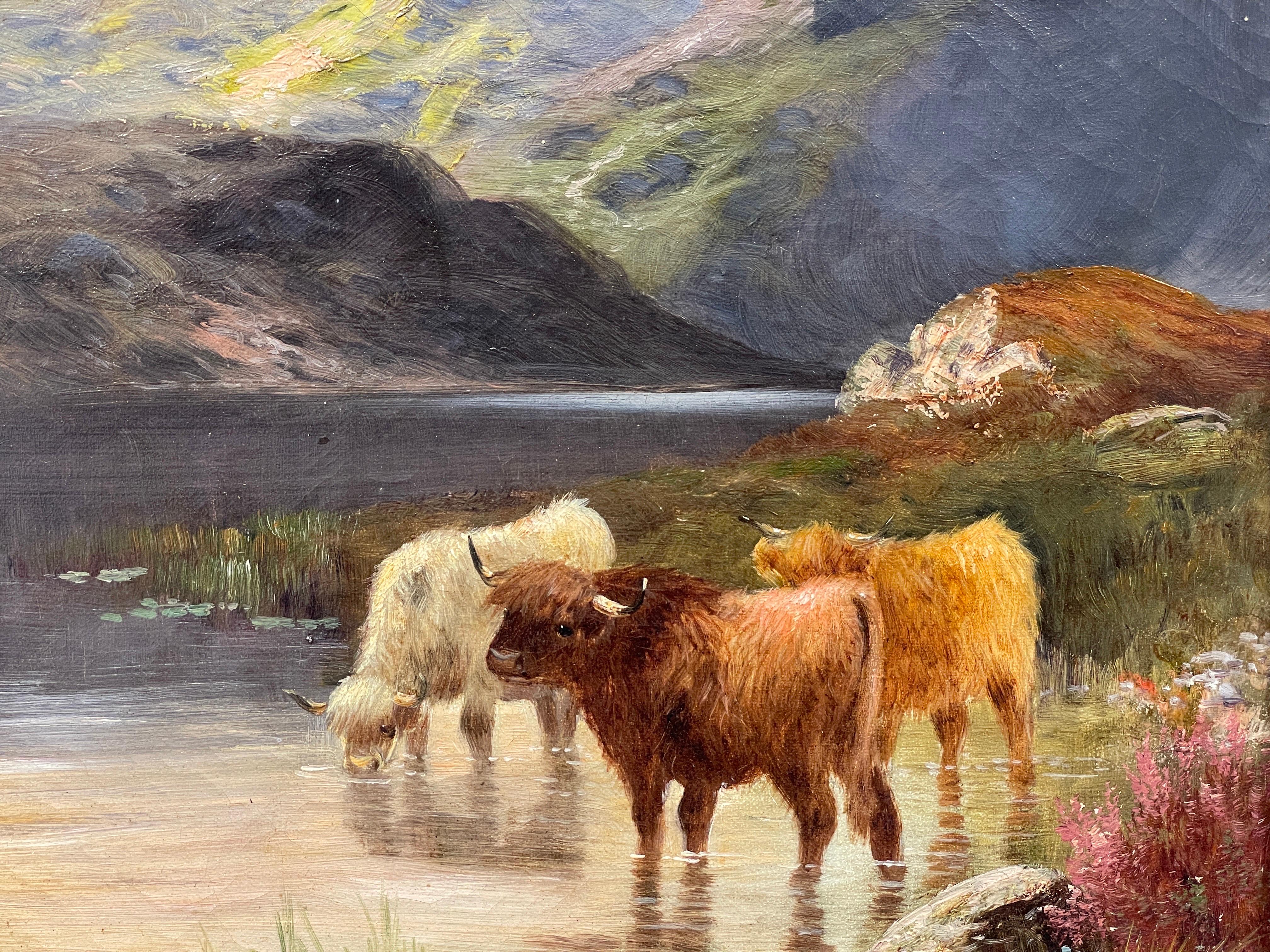 Antique Scottish Signed Oil Painting Highland Cattle beside Loch, framed - Gray Landscape Painting by P. Wainwright