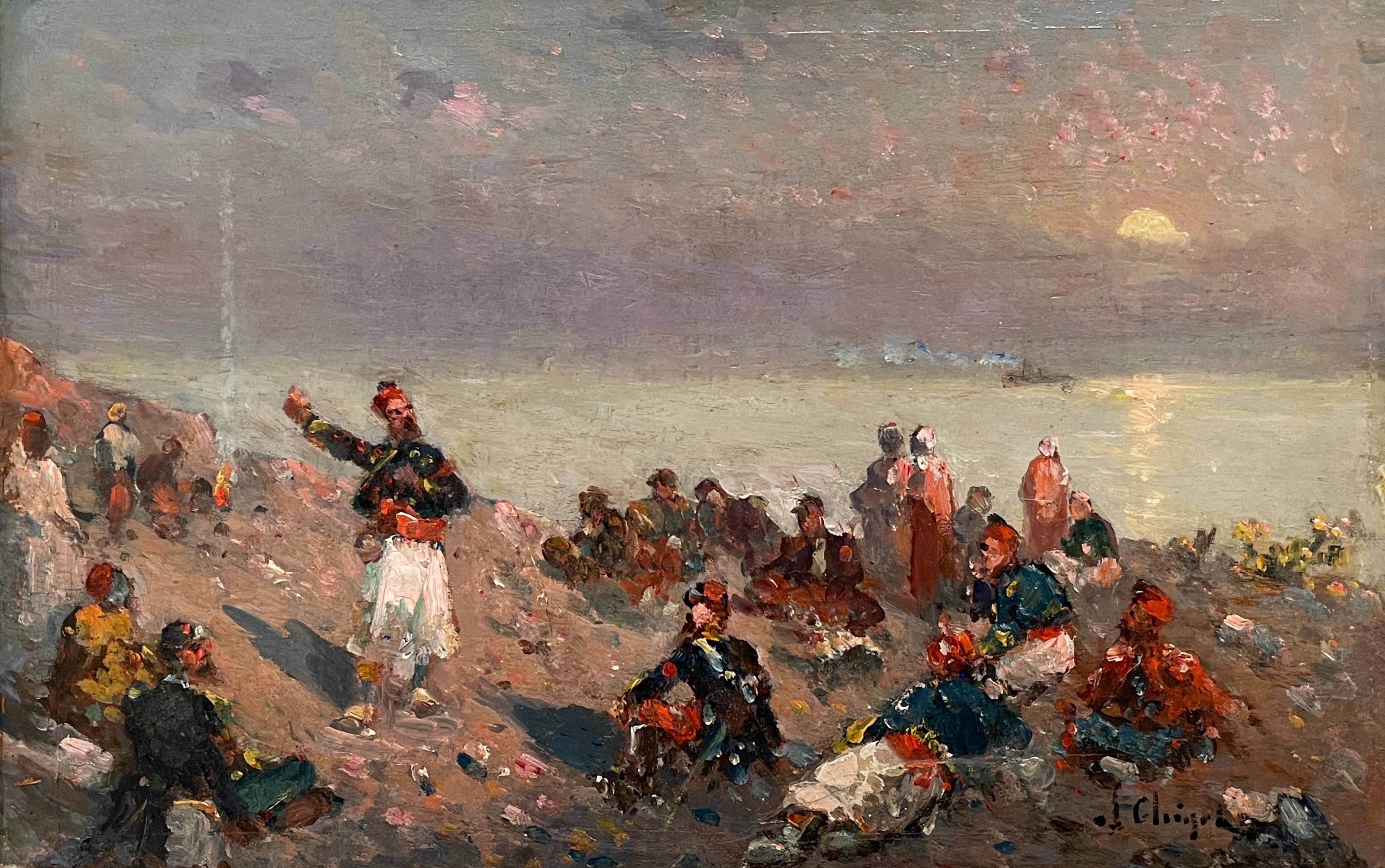 19th Century French Impressionist Oil Soldiers Resting by Camp Fire Sunset Sea - Painting by Alphonse Chigot