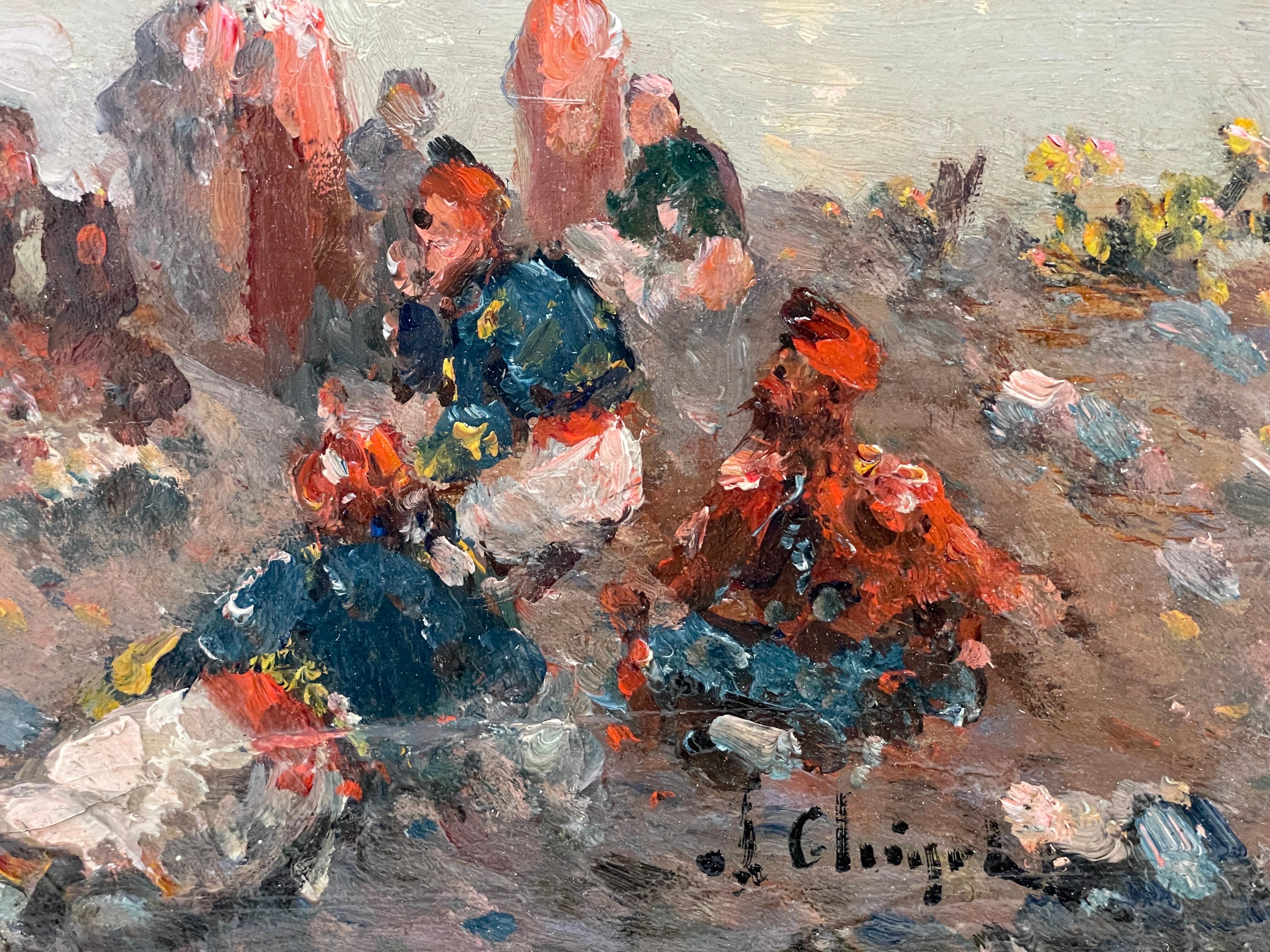 19th Century French Impressionist Oil Soldiers Resting by Camp Fire Sunset Sea 1