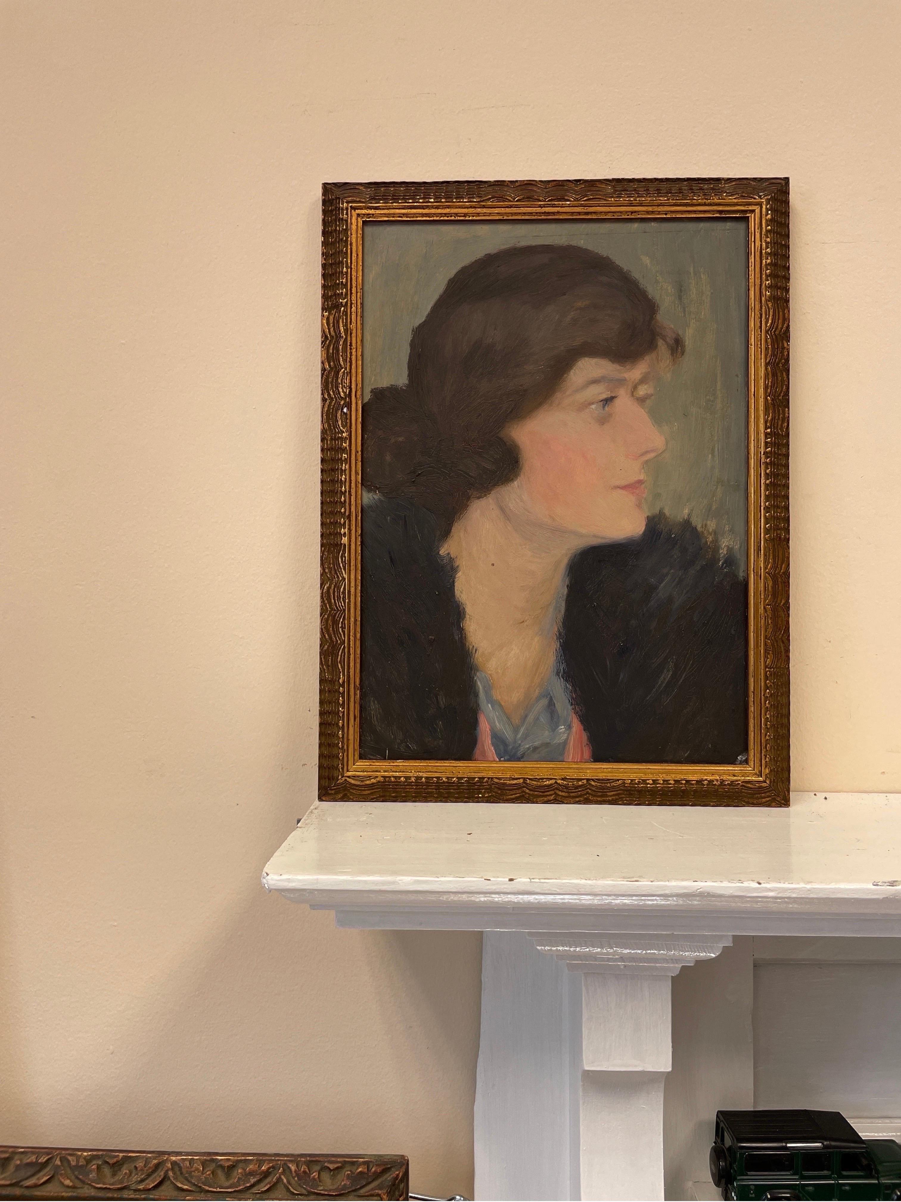 Profile Portrait of a 1930's Period English Lady, beautiful oil painting & frame - Painting by 1930's English