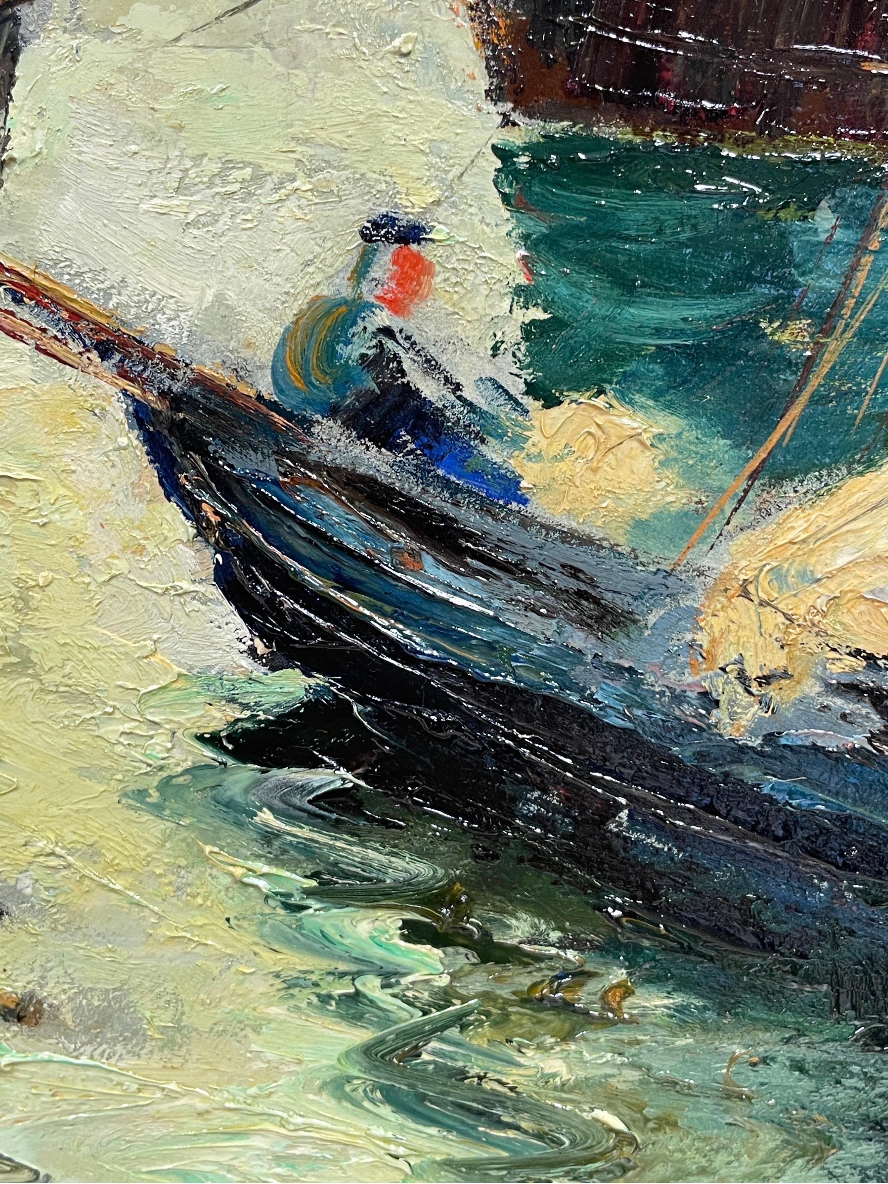 1950's French Fishing Boats in Sleepy Harbour Beautiful Impasto Sludgy Oil 2